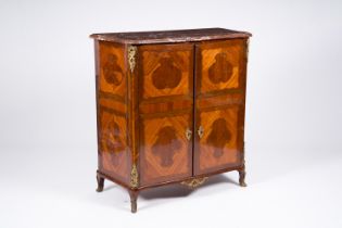 A French bronze mounted veneered wood two-door cabinet with marble top, 19th C.