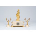 A French gilt bronze mounted marble and alabaster three-piece clock garniture with Susanna and satyr