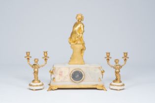 A French gilt bronze mounted marble and alabaster three-piece clock garniture with Susanna and satyr