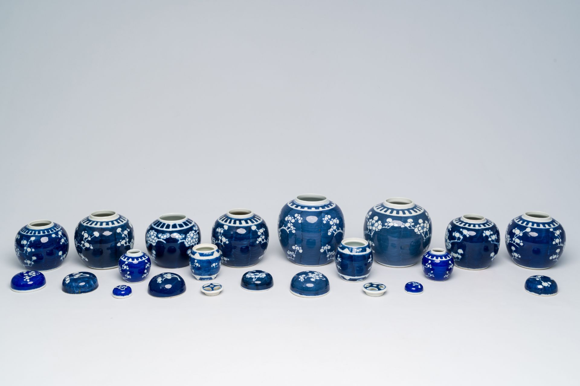 A varied collection of Chinese blue and white prunus on cracked ice ground porcelain, 19th/20th C. - Bild 14 aus 15