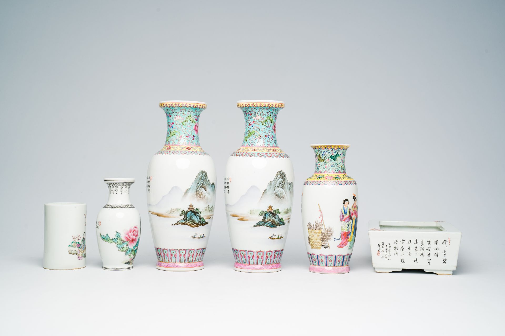 A varied collection of Chinese famille rose and qianjiang cai porcelain with figures, landscapes and - Image 4 of 11