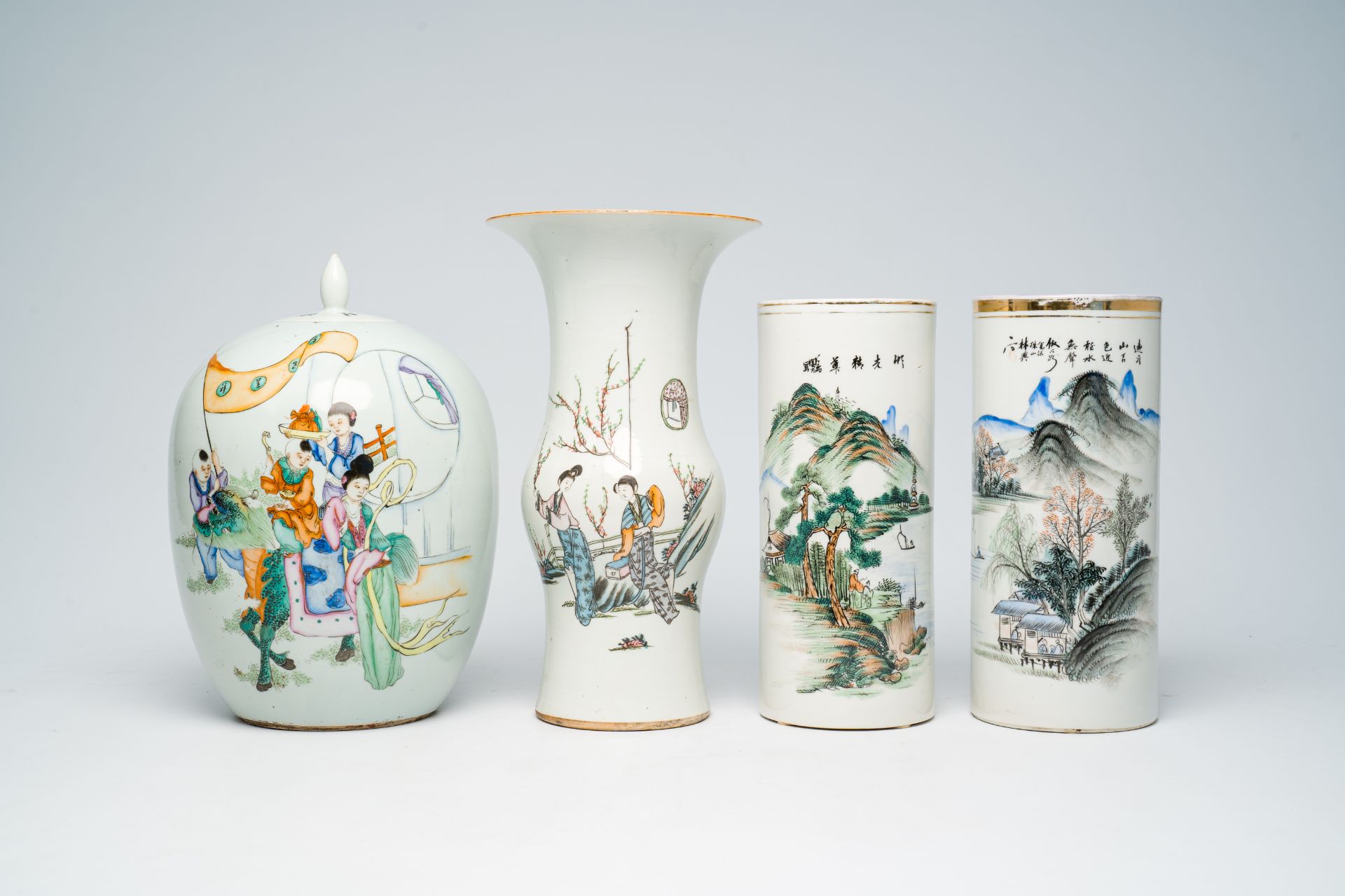 Two Chinese qianjiang cai hat stands with an animated river landscape, a yenyen vase and a famille r - Image 2 of 7