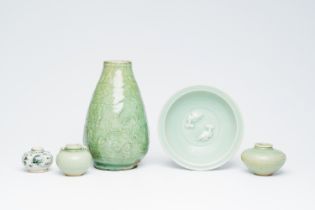 A varied collection of Chinese blue, white and celadon porcelain wares, Yuan/Ming and/or later