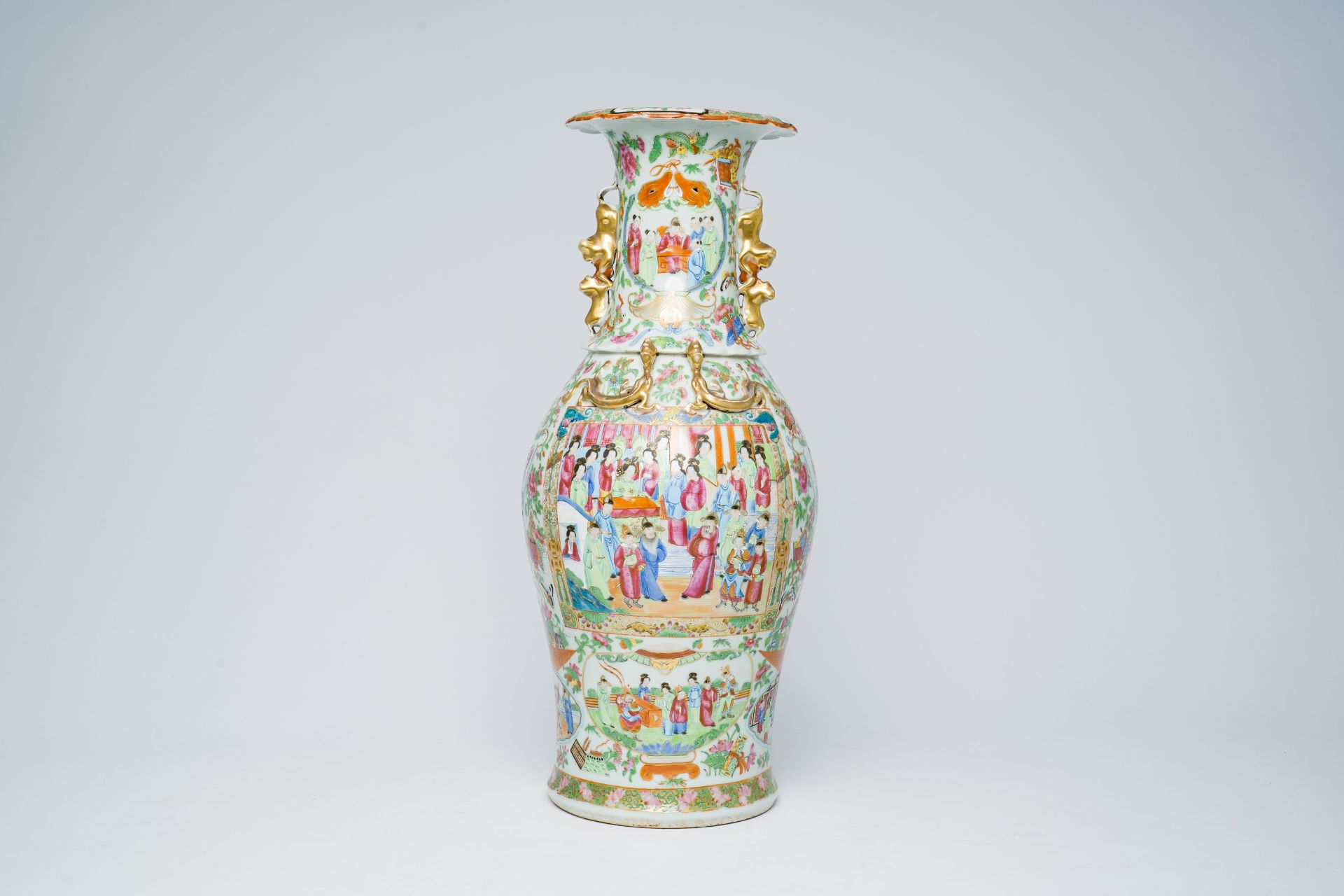 A Chinese baluster shaped Canton famille rose vase with palace scenes, 19th C. - Image 3 of 6