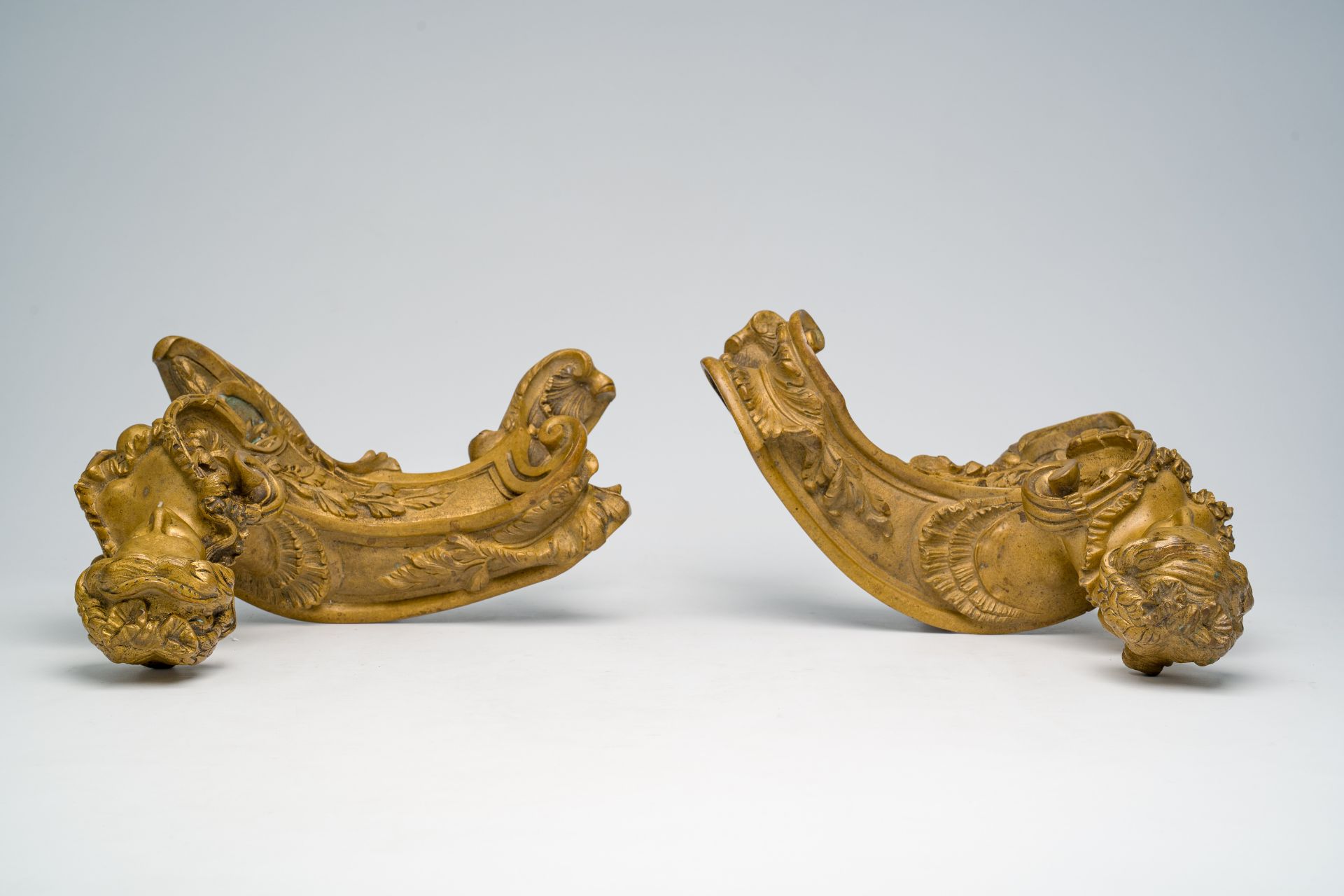 A pair of French Louis XIV style bronze andirons crowned with a regal lady's bust in the manner of F - Image 6 of 8