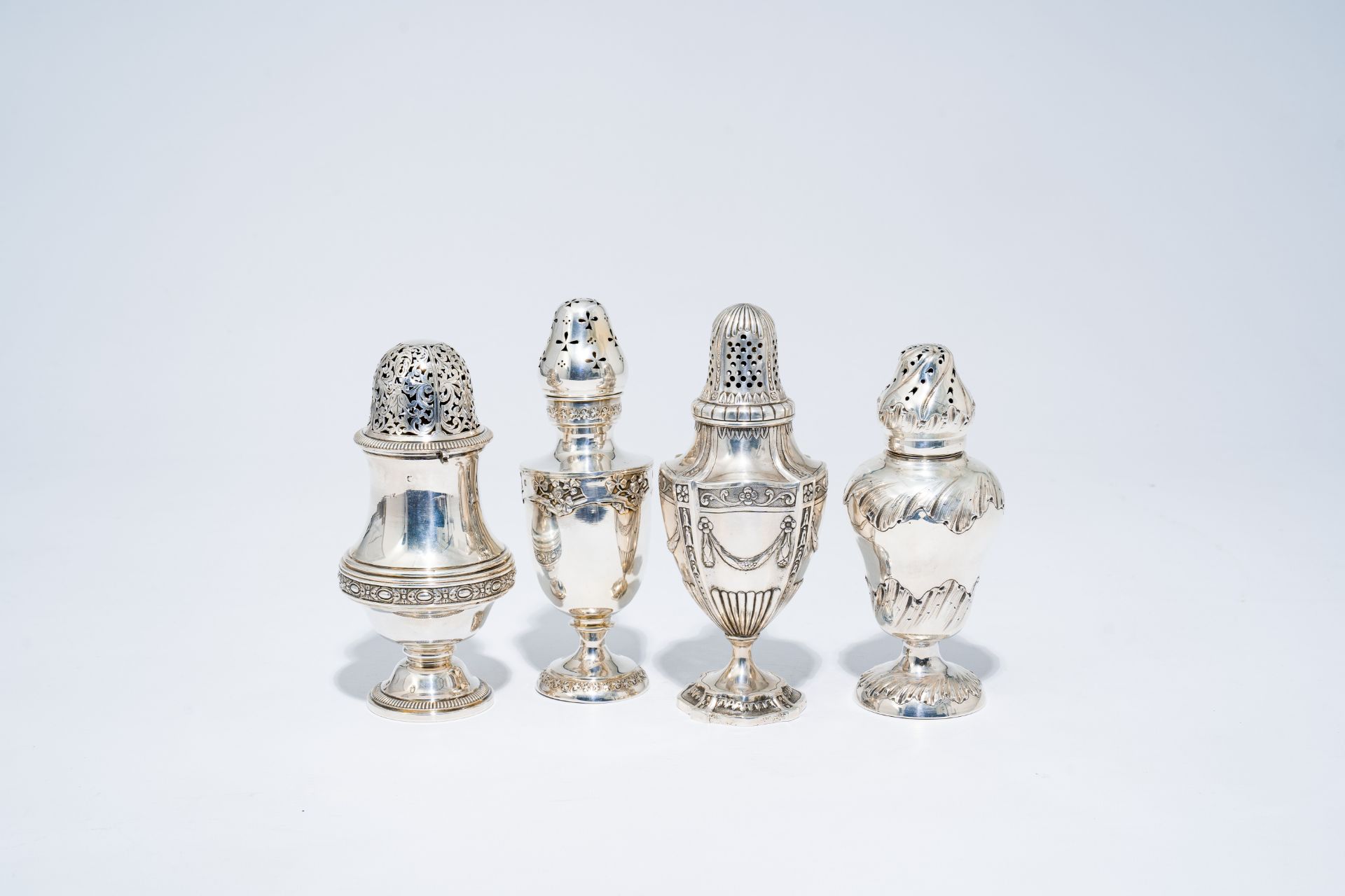 Four various French silver casters with floral design, possibly 18th C. and later - Image 5 of 14