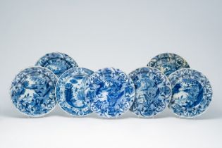 Seven Dutch Delft blue and white 'chinoiserie' dishes, 18th C.