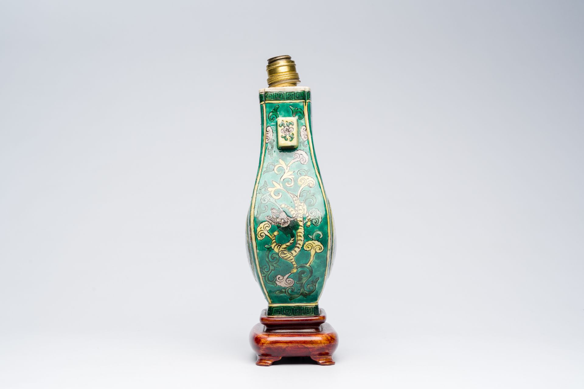 A Chinese verte biscuit 'fanghu' vase with two boys mounted as a lamp, 19th C. - Image 3 of 7