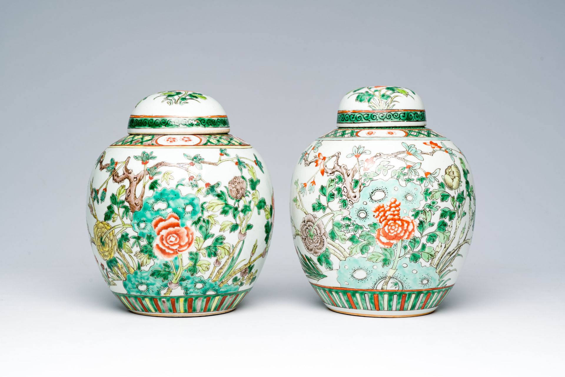 Two Chinese famille verte jars and covers with floral design, 19th C. - Image 2 of 7