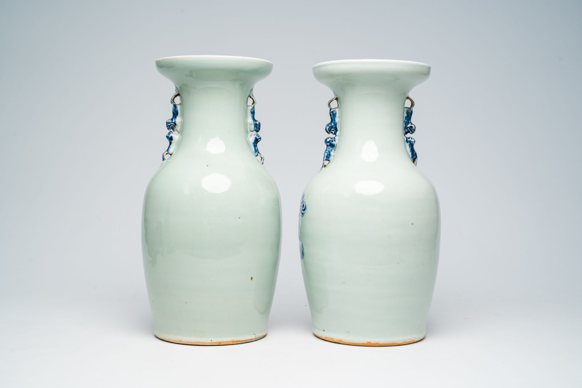 Two Chinese blue and white celadon ground vases with an Immortal and his servants in a landscape, 19 - Bild 3 aus 6