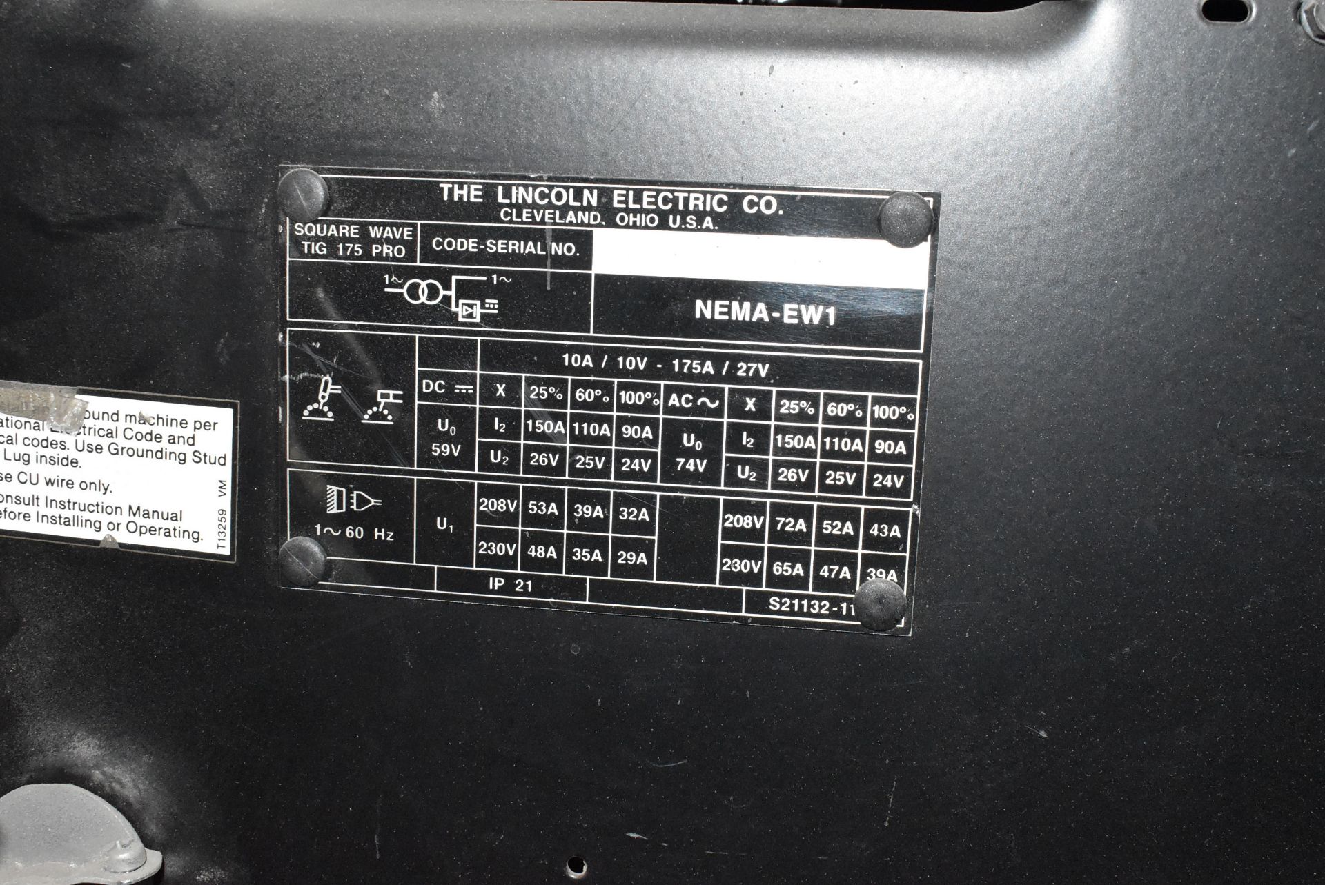 LINCOLN ELECTRIC SQUARE WAVE TIG 175 TIG WELDER S/N: U1020458615 - Image 4 of 4