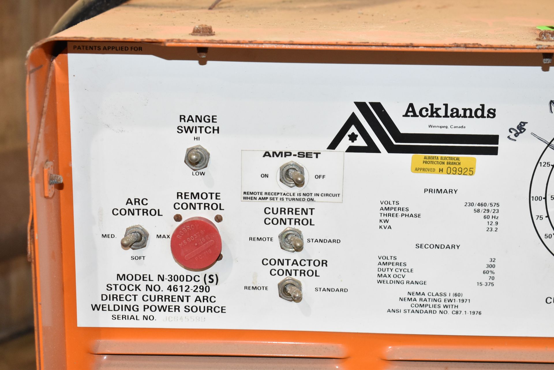 ACKLANDS N-300DC ARC WELDING POWER SOURCE S/N JC645599 [RIGGING FEE FOR LOT #199 - $30 CAD PLUS - Image 2 of 4