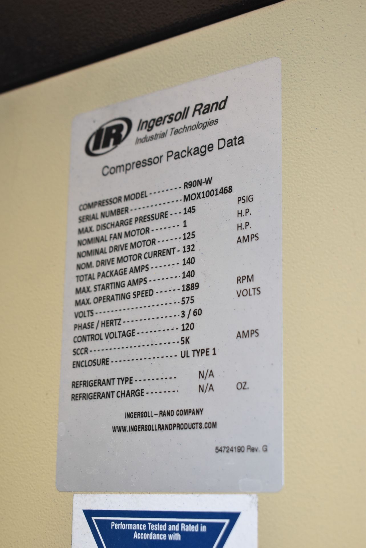 INGERSOLL RAND R90N-W 125 HP AIR COMPRESSOR WITH 1,889 RPM MAX. OPERATING SPEED, 145 PSIG MAX. - Image 5 of 11