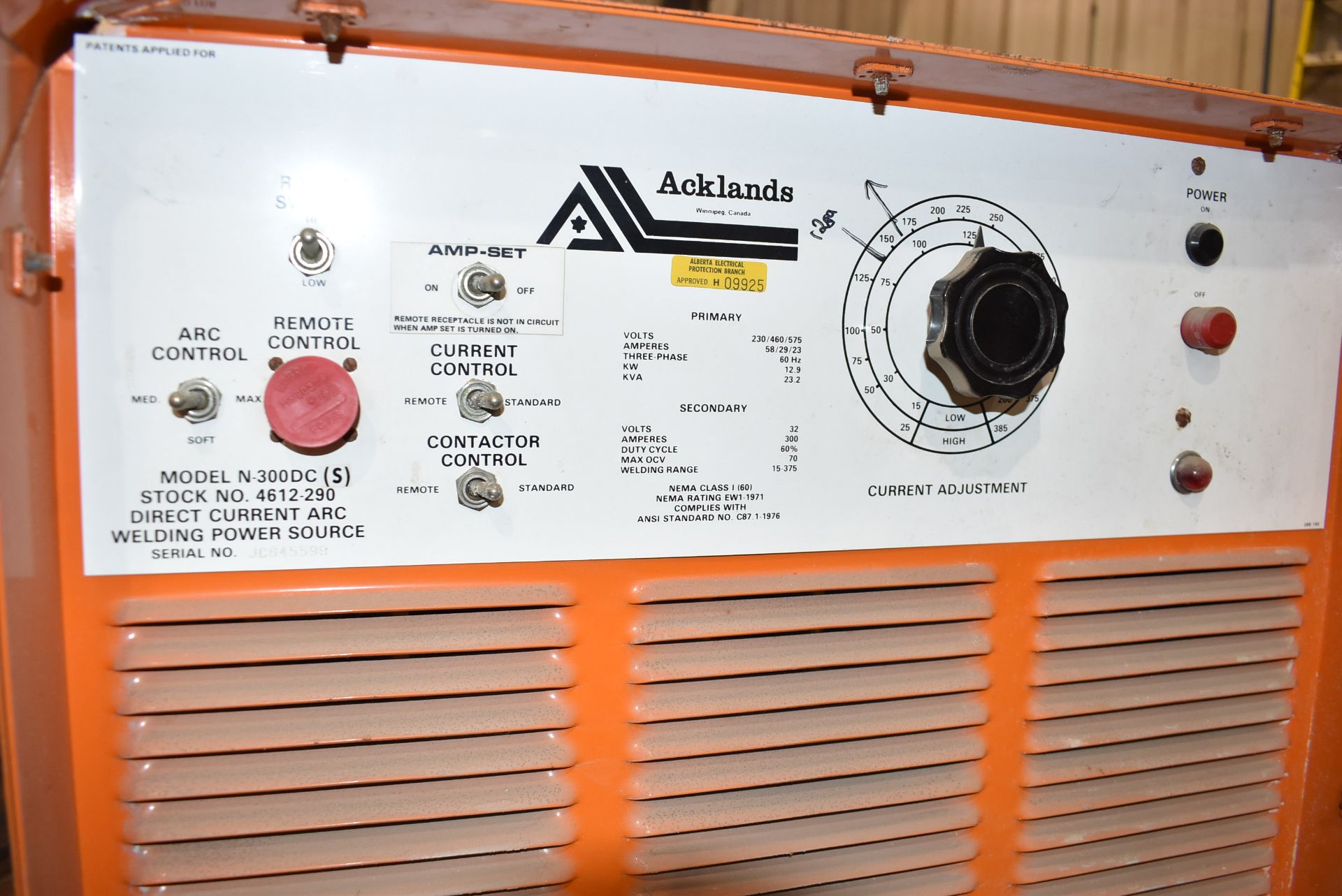 ACKLANDS N-300DC ARC WELDING POWER SOURCE S/N JC645599 [RIGGING FEE FOR LOT #199 - $30 CAD PLUS - Image 4 of 4