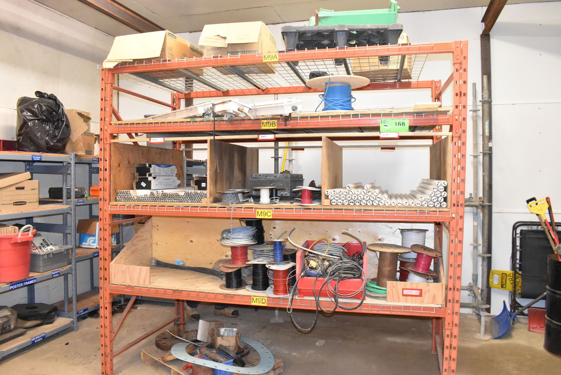 LOT/ ADJUSTABLE HEAVY DUTY RACK WITH CONTENTS CONSISTING OF WIRING, LIGHTING FIXTURES AND FLANGES (