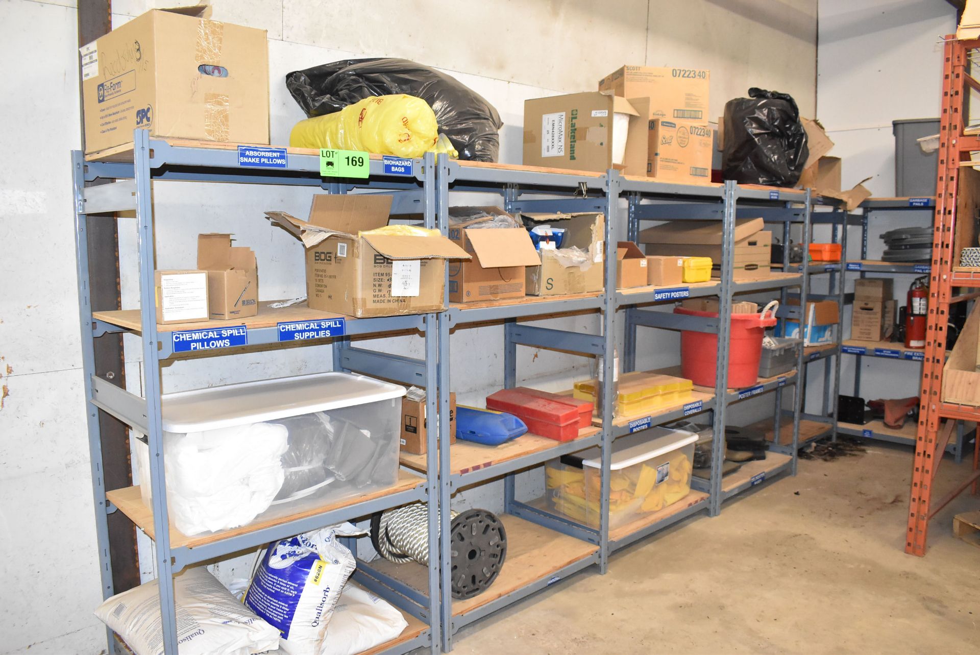 LOT/ ADJUSTABLE RACKING WITH CONTENTS CONSISTING OF CHEMICAL SPILL SUPPLIES (CI) [RIGGING FEE FOR