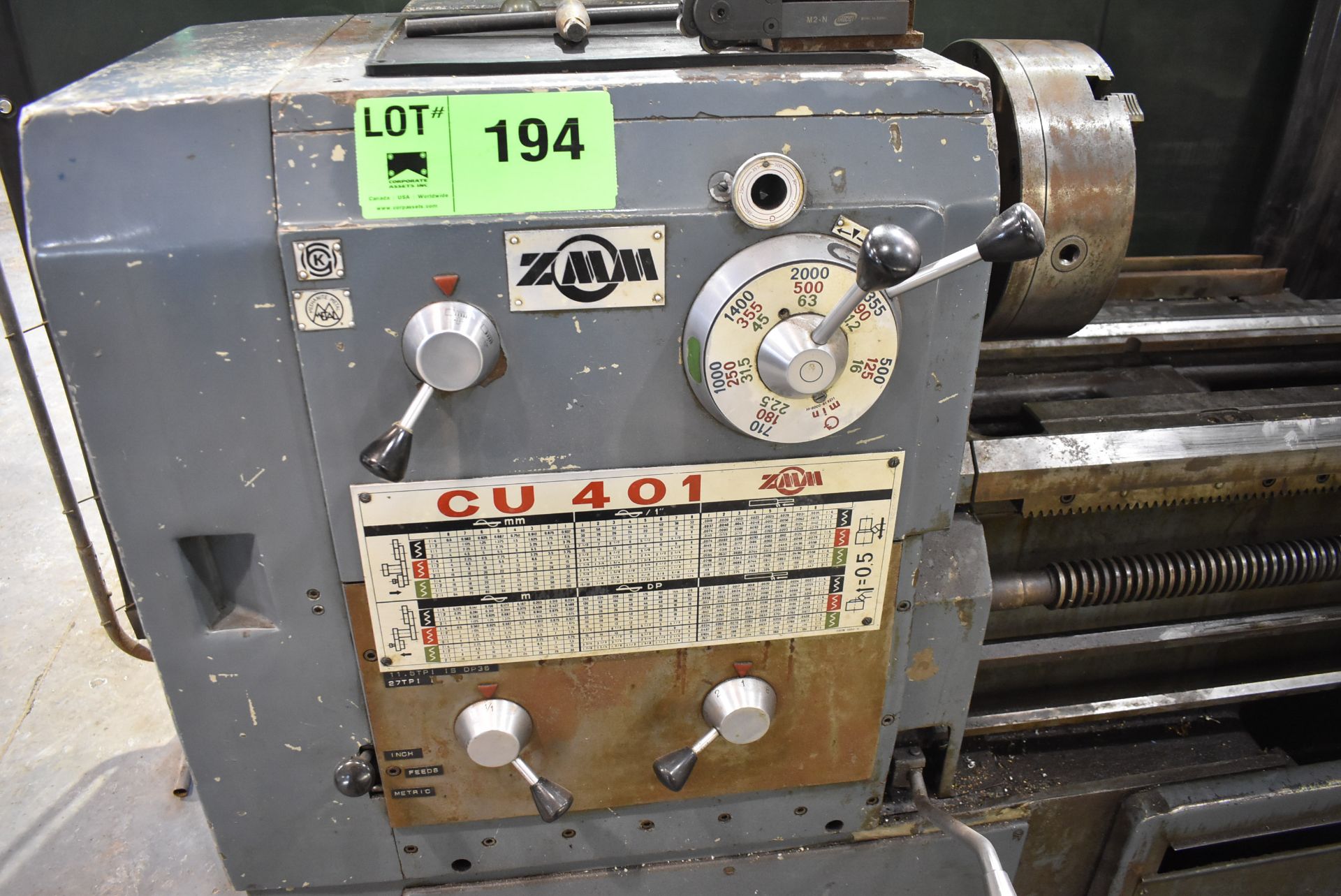 ZMM CU401 GAP BED ENGINE LATHE WITH 12" 3 JAW CHUCK, 64" BETWEEN CENTERS, 21" SWING OVER BED, 3. - Image 4 of 9