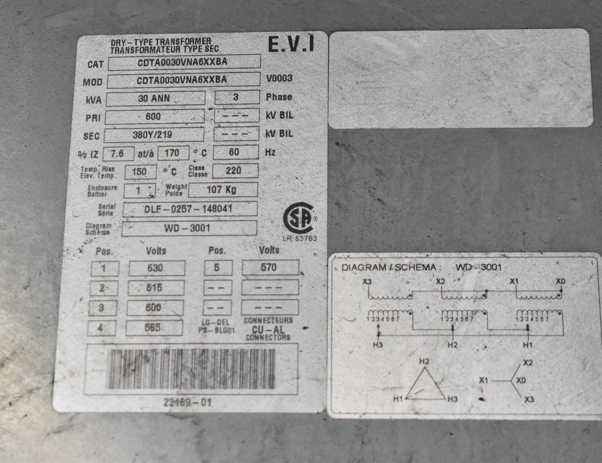 E.V.I. 30 KVA TRANSFORMER, 600-380-219V/3PH/60HZ S/N N/A (CI) [RIGGING FEE FOR LOT #25 - $75 CAD - Image 2 of 2