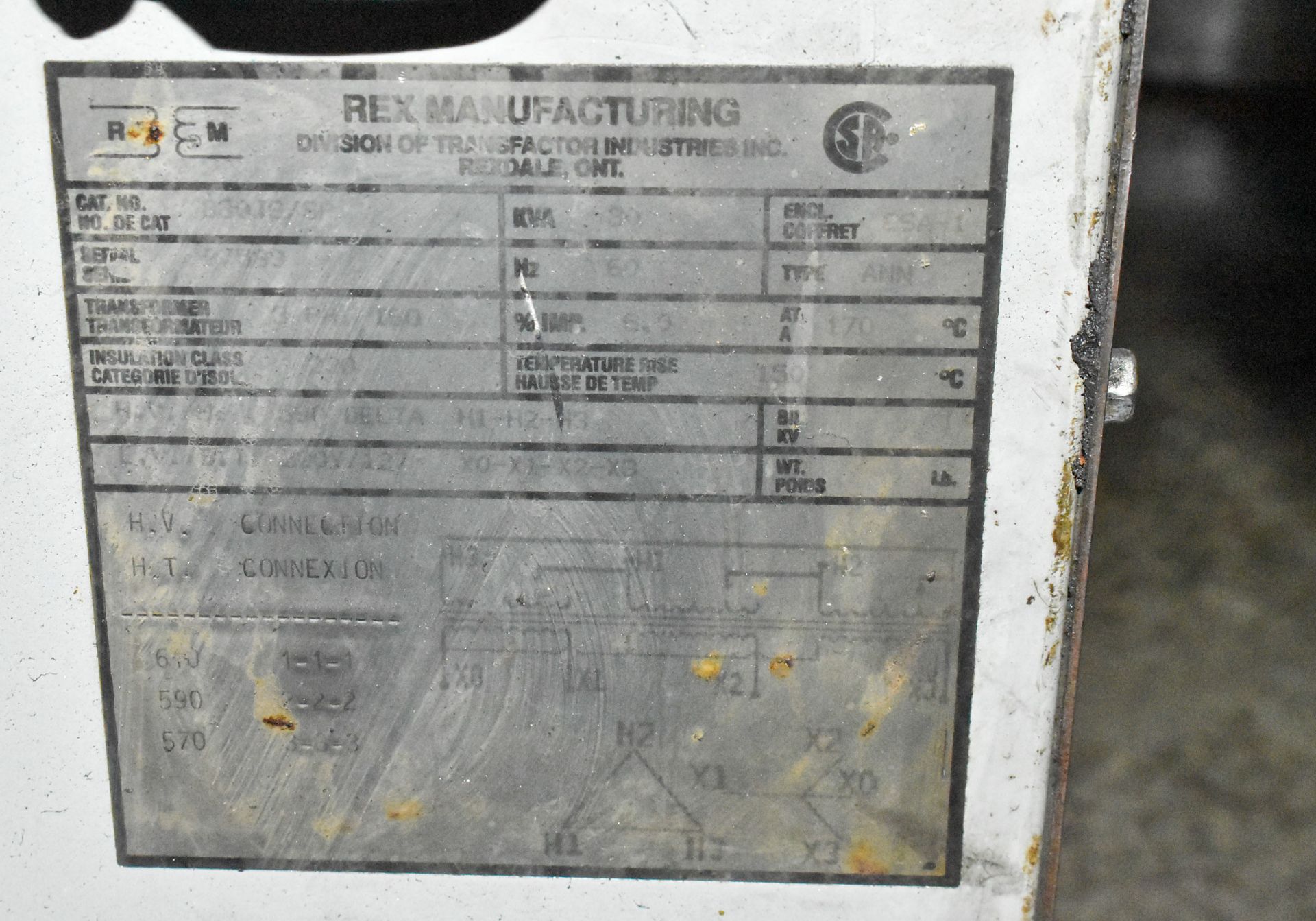 REX MANUFACTURING 30 KVA TRANSFORMER, S/N N/A (CI) [RIGGING FEE FOR LOT #21 - $75 CAD PLUS - Image 2 of 2