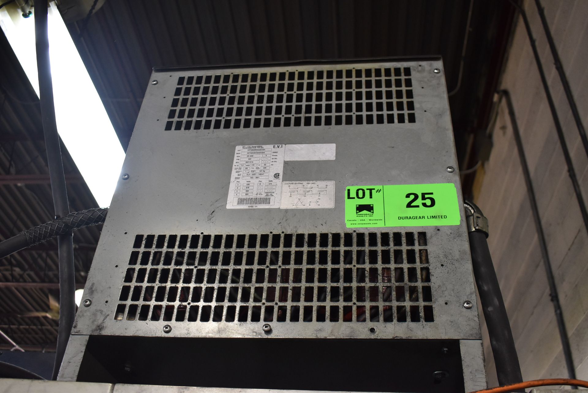 E.V.I. 30 KVA TRANSFORMER, 600-380-219V/3PH/60HZ S/N N/A (CI) [RIGGING FEE FOR LOT #25 - $75 CAD