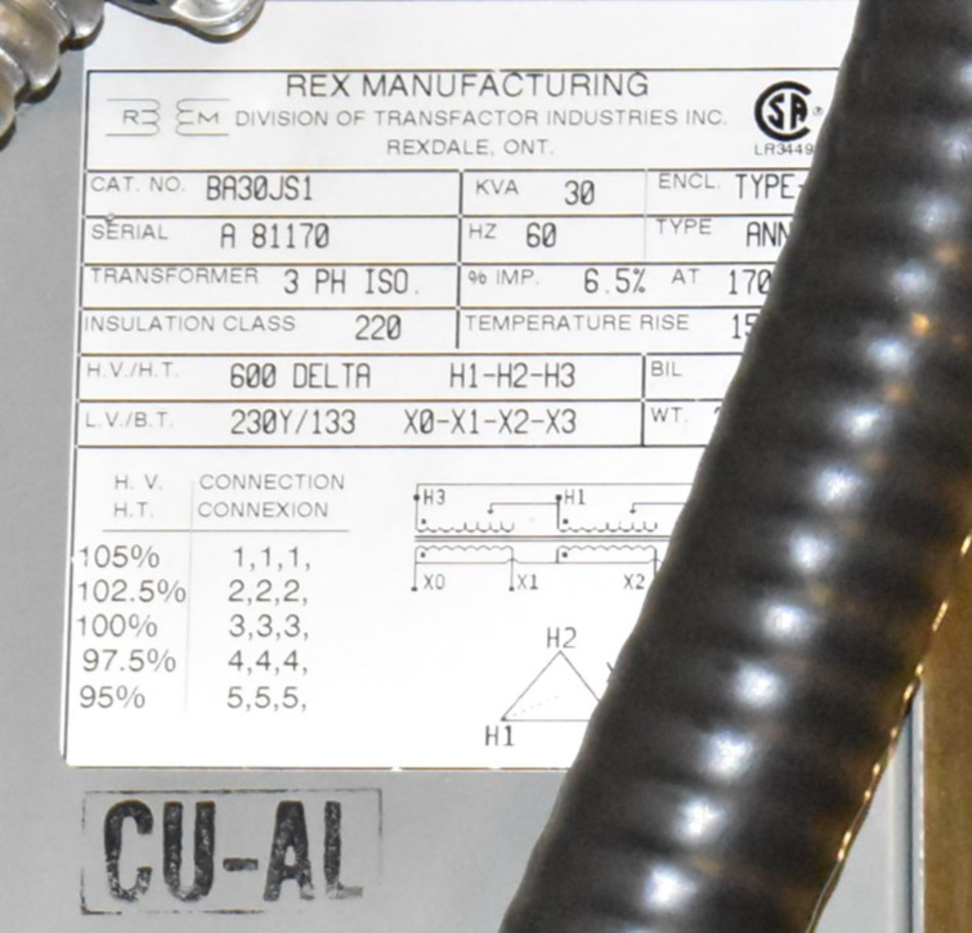 REX MFG 30 KVA TRANSFORMER, 600-230-133V/3PH/60HZ, S/N A81170 (CI) [RIGGING FE FOR LOT #287 - $125 - Image 2 of 2