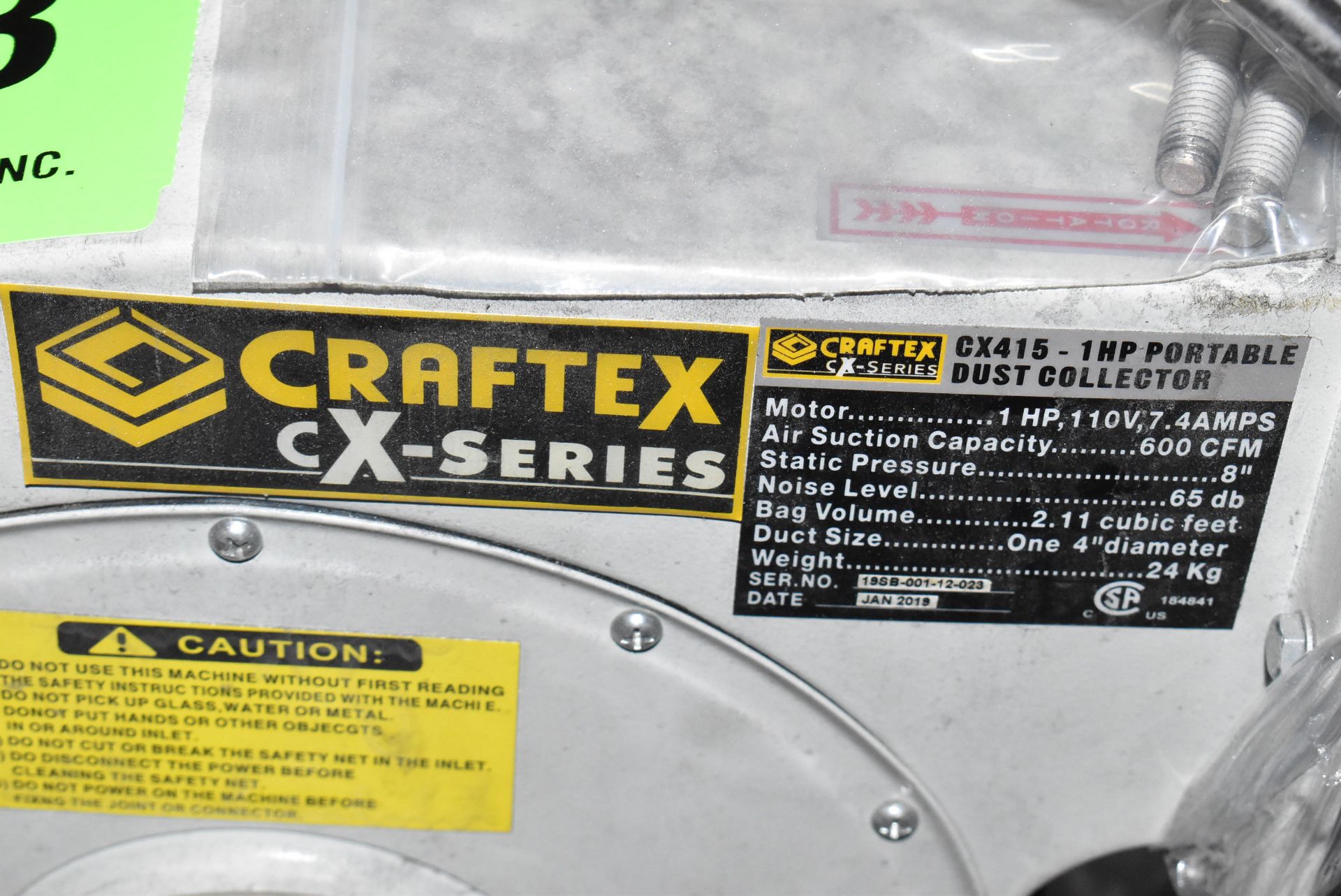 CRAFTEX CX-SERIES CX415 1 HP PORTABLE DUST COLLECTOR WITH 600 CFM AIR SUCTION CAPACITY, S/N 19SB- - Image 2 of 2