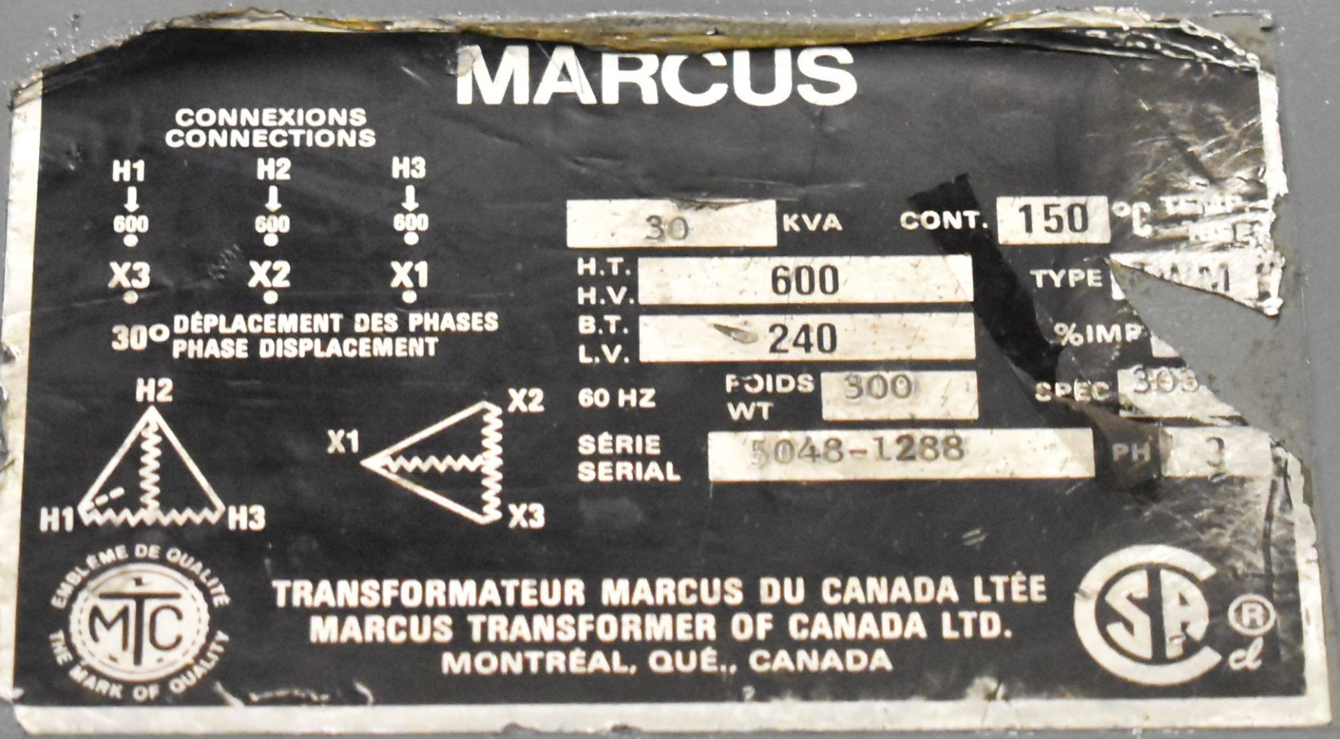 MARCUS 30 KVA TRANSFORMER, 600-240V/3PH/60HZ, S/N 5048-1288 (CI) (LOCATED AT 5830 AV. ANDOVER, - Image 2 of 2