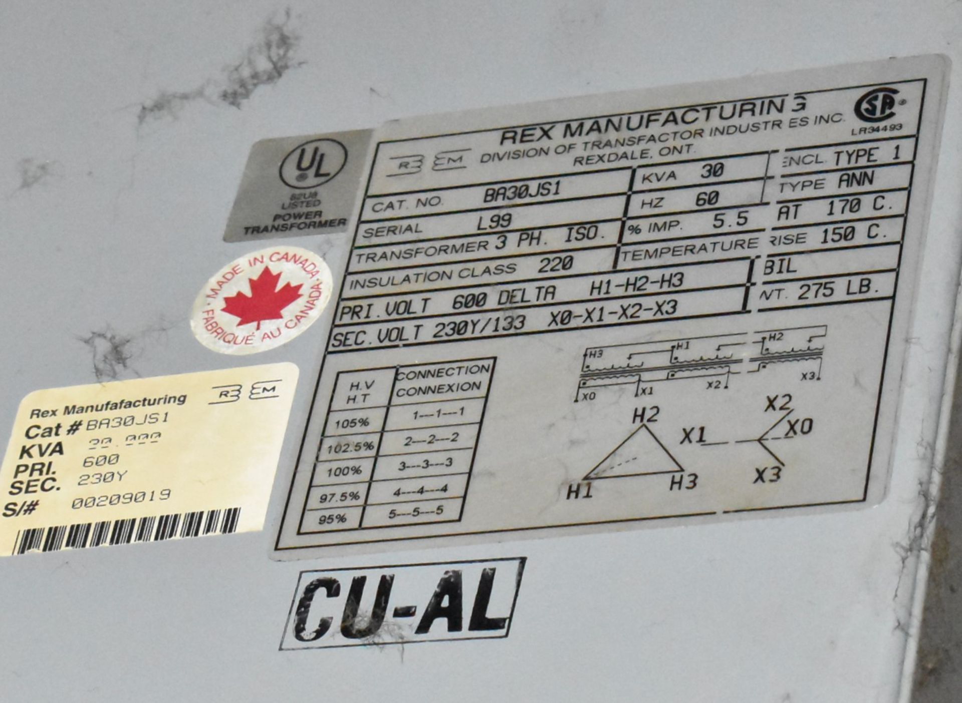 REX MFG BA30JS1 30 KVA TRANSFORMER, 600-230-133V/3PH/60HZ, S/N L99 (CI) [RIGGING FE FOR LOT #43 - $ - Image 2 of 2