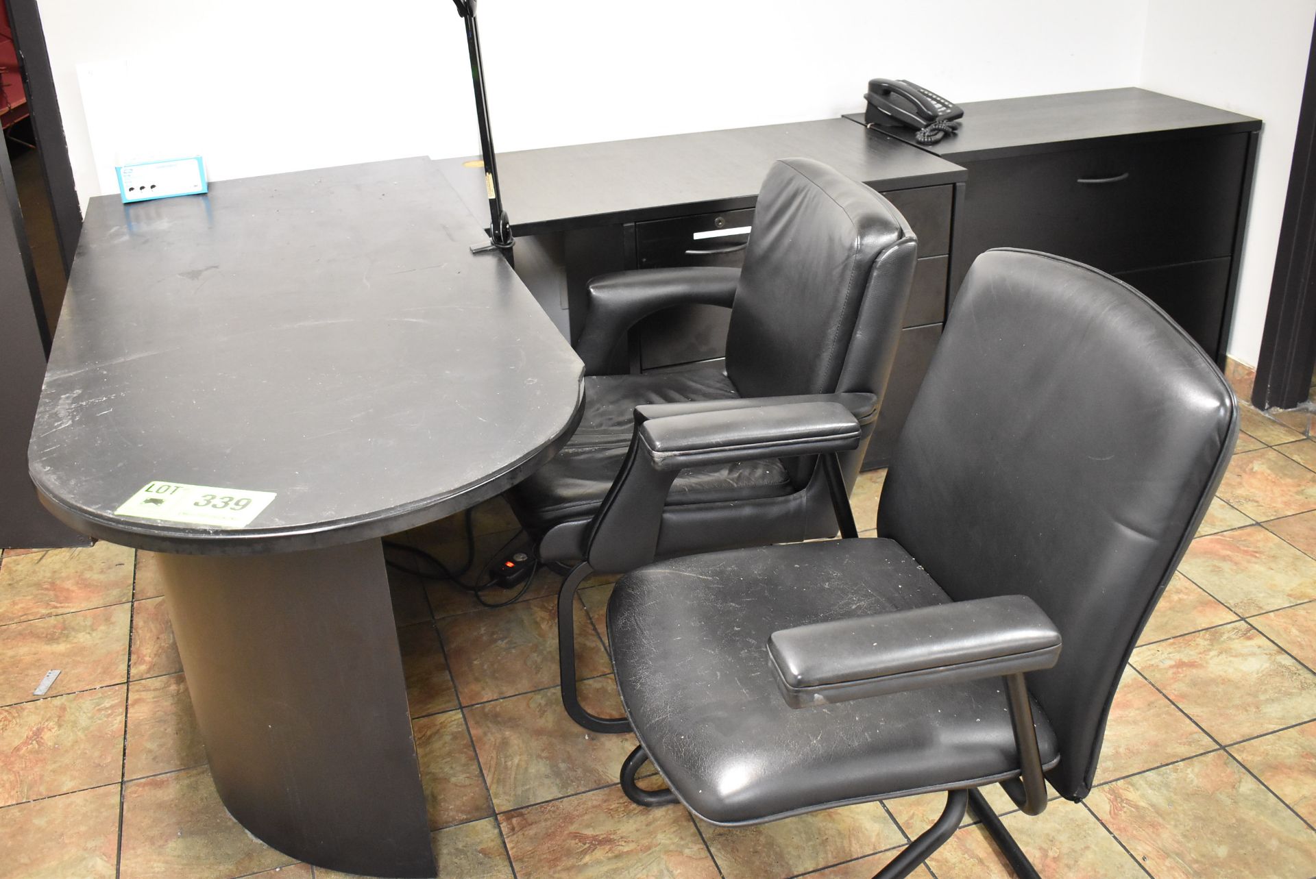 LOT/ L-SHAPED DESK, FILING CABINET AND (2) OFFICE CHAIRS (HANDSET NOT INCLUDED)