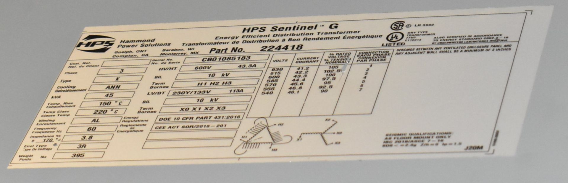 HAMMOND POWER SOLUTIONS 45 KVA TRANSFORMER, 600-230-133V/3PH/60HZ, S/N CB01085183 (CI) [RIGGING FE - Image 2 of 2