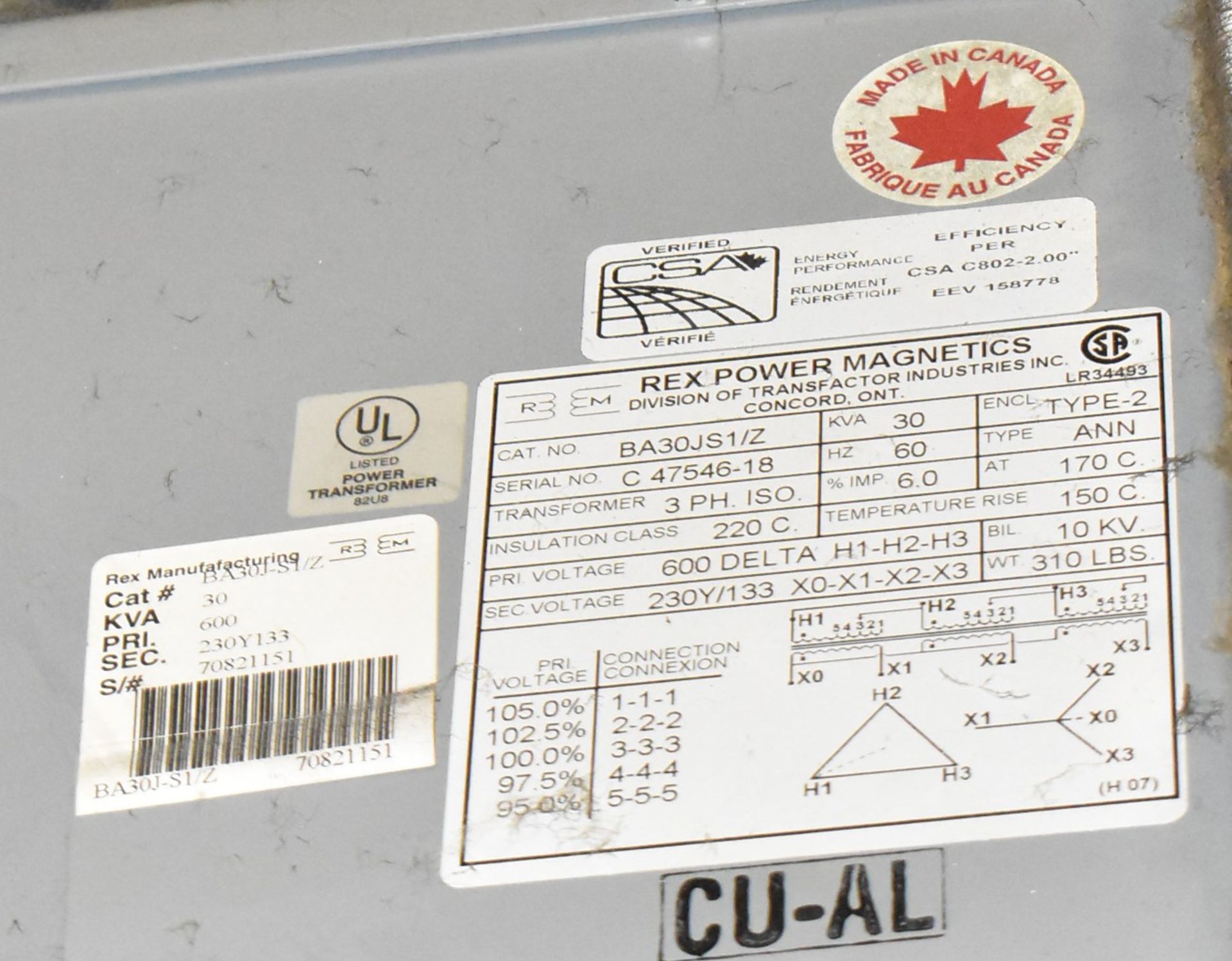 REX MFG BA30JS1/Z 30 KVA TRANSFORMER, 600-230-133V/3PH/60HZ, S/N C 47546-18 (CI) [RIGGING FE FOR LOT - Image 2 of 2