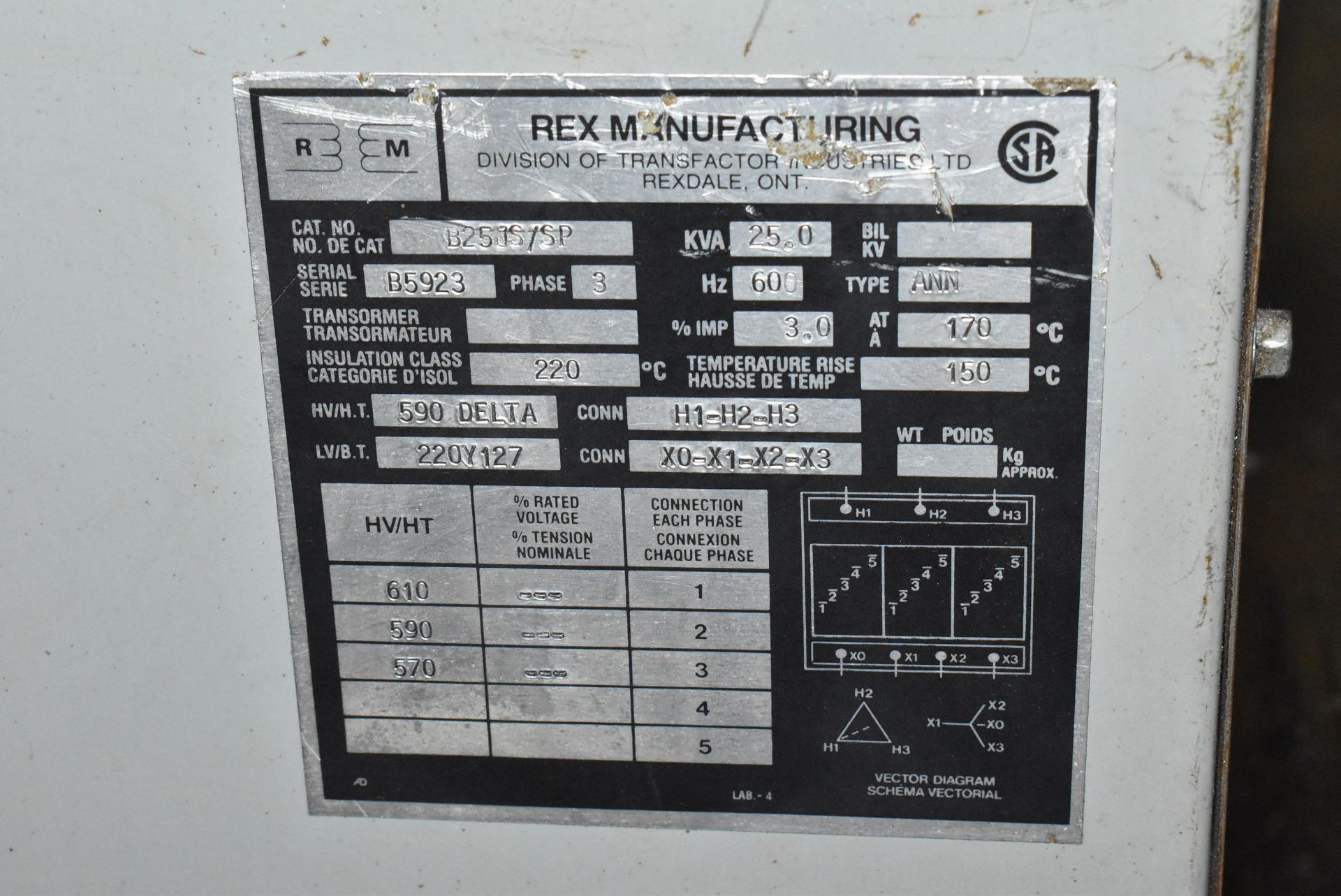 REX MFG 25 KVA TRANSFORMER, 590-220-127V/3PH/60HZ, S/N B5923 (CI) [RIGGING FE FOR LOT #284 - $125 - Image 2 of 2