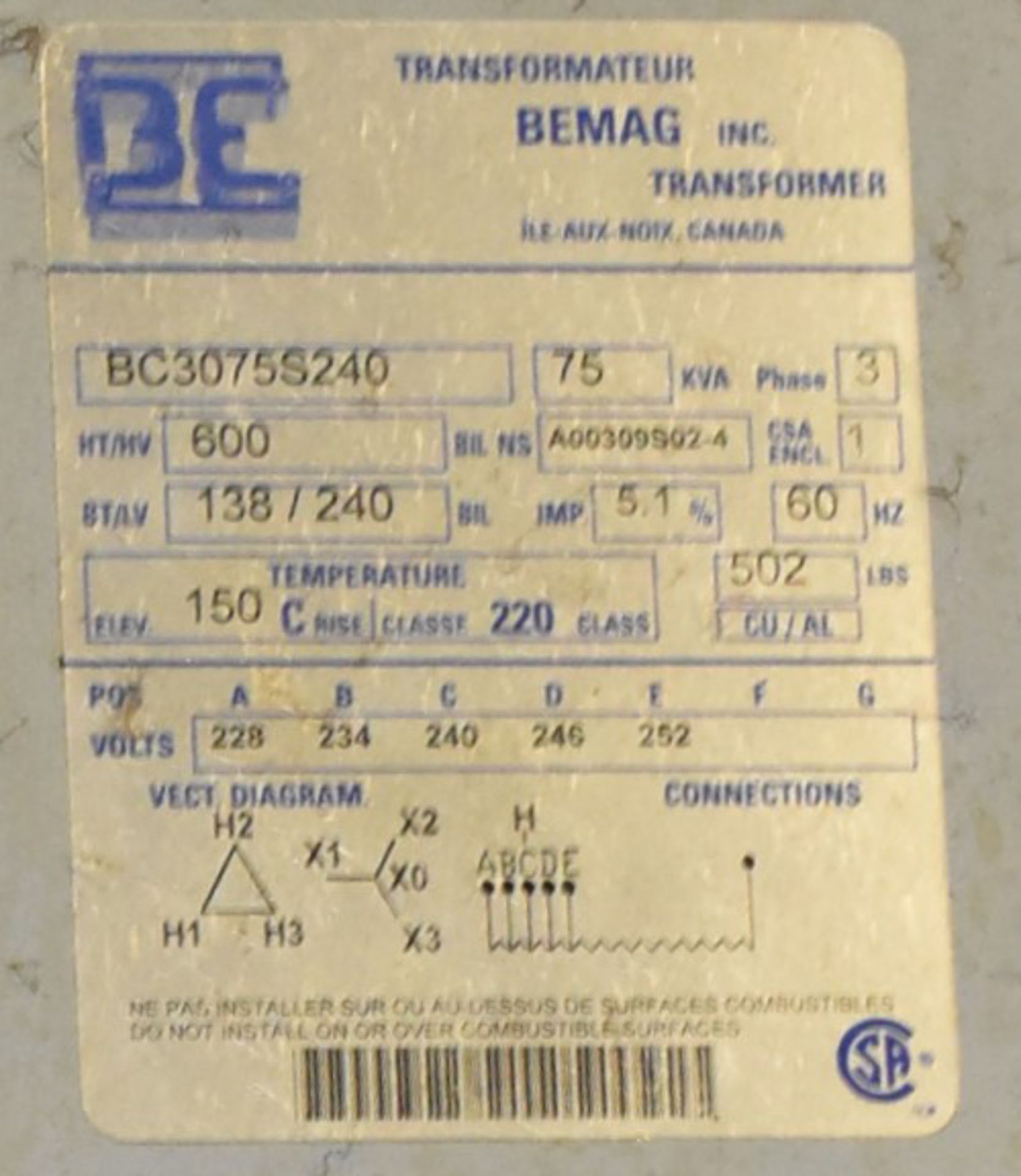 BEMAG BC3075S240 75 KVA TRANSFORMER, 600-240-138V/3PH/60HZ, S/N A000309S02-4 (CI) [RIGGING FE FOR - Image 2 of 2