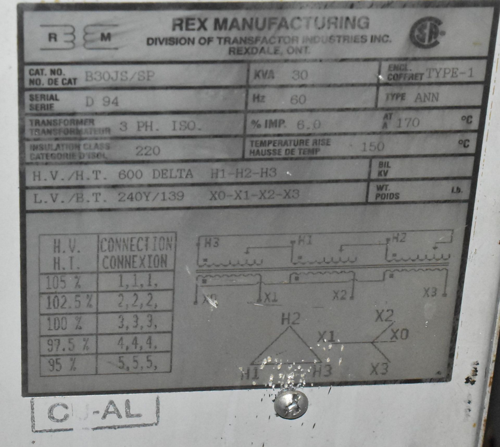 REX MFG 30 KVA TRANSFORMER, 600-240-139V/3PH/60HZ, S/N D 94 (CI) [RIGGING FE FOR LOT #285 - $125 CAD - Image 2 of 2