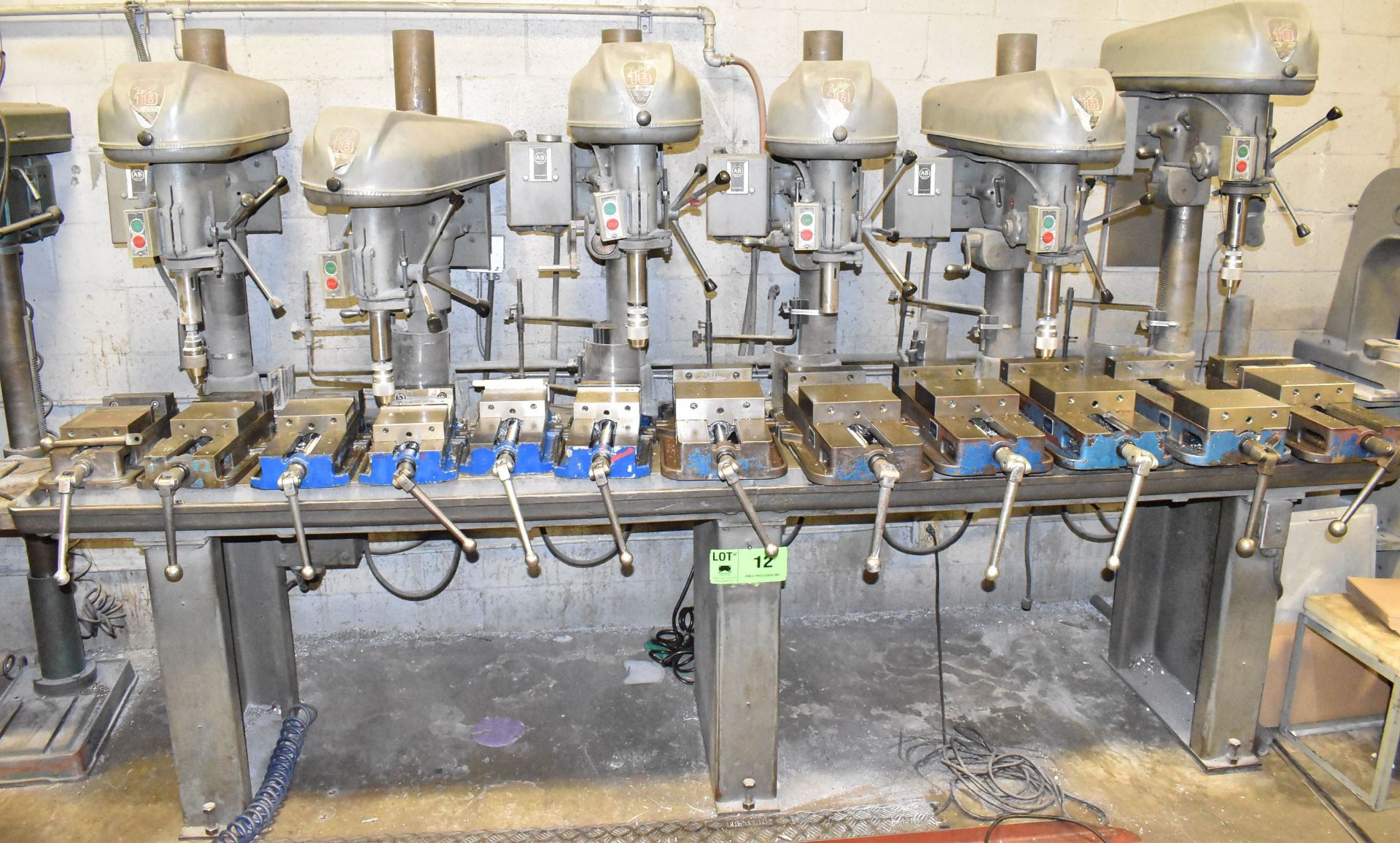 DRILLING STATION WITH (6) BUFFALO 18 DRILL PRESSES WITH SPEEDS TO 3,600 RPM, S/N N/A (MACHINE