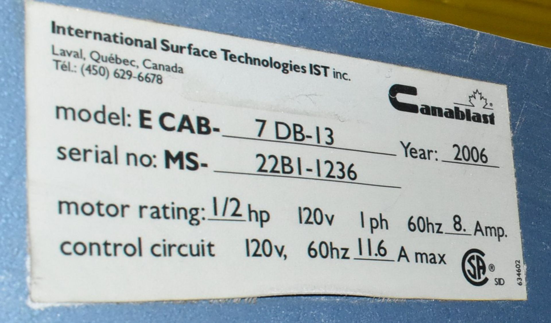 CANABLAST (2006) E CAB-7 DB-13 SANDBLAST CABINET WITH _ HP MOTOR, S/N MS-22B1-1236 (CI) [RIGGING - Image 4 of 5