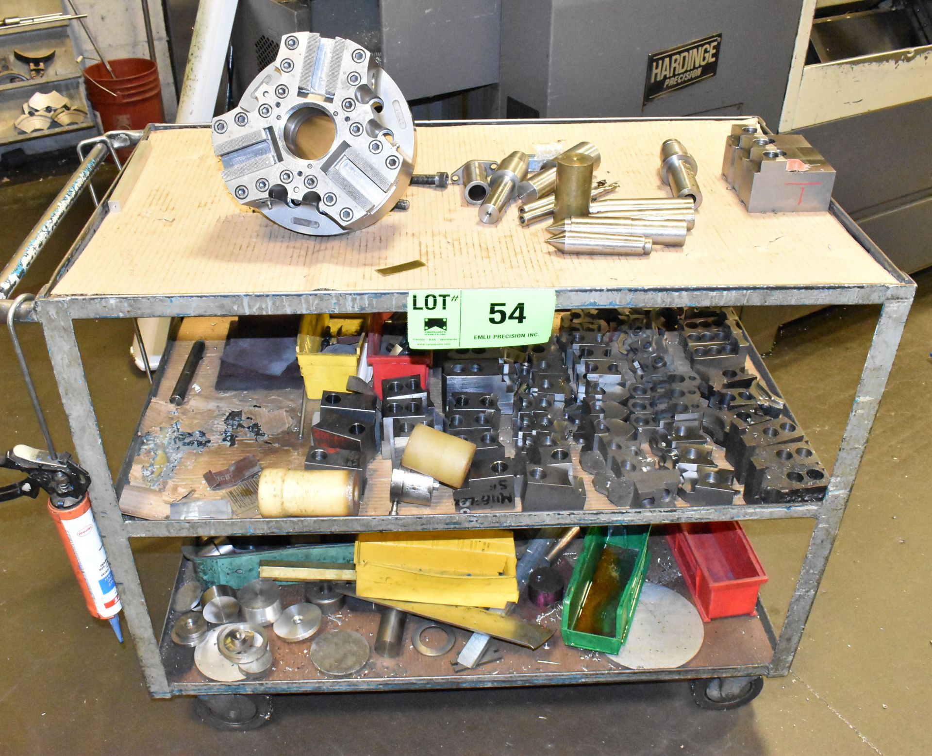 LOT/ SHOP CART WITH 10" 3-JAW CHUCK, CHUCK JAWS AND LATHE ACCESSORIES