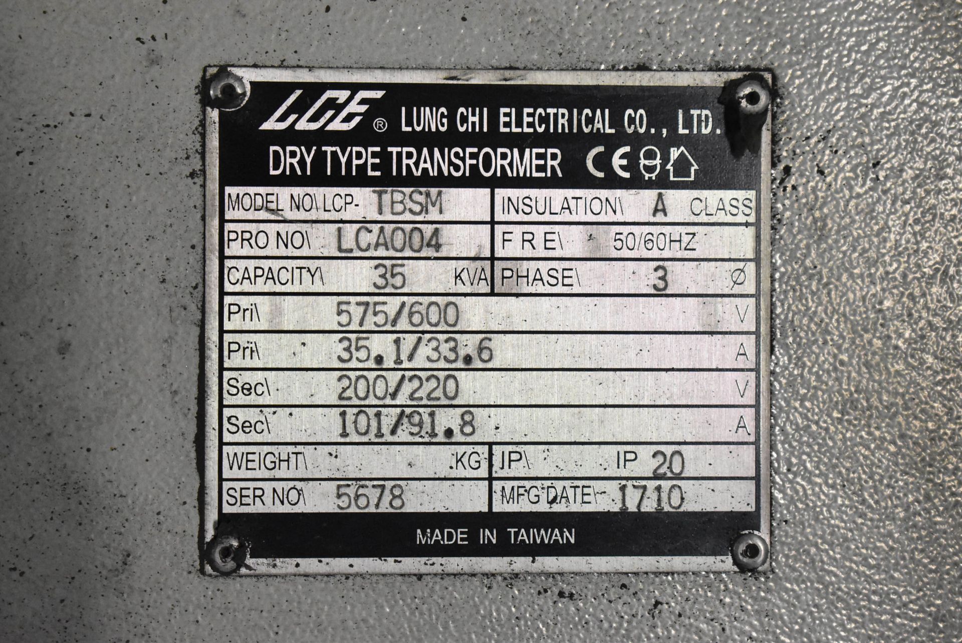 LCE 35 KVA TRANSFORMER WITH 600HV/220LV/3PH/60HZ, S/N 5678 (CI) [RIGGING FEE FOR LOT #85 - $50 CAD - Image 2 of 2