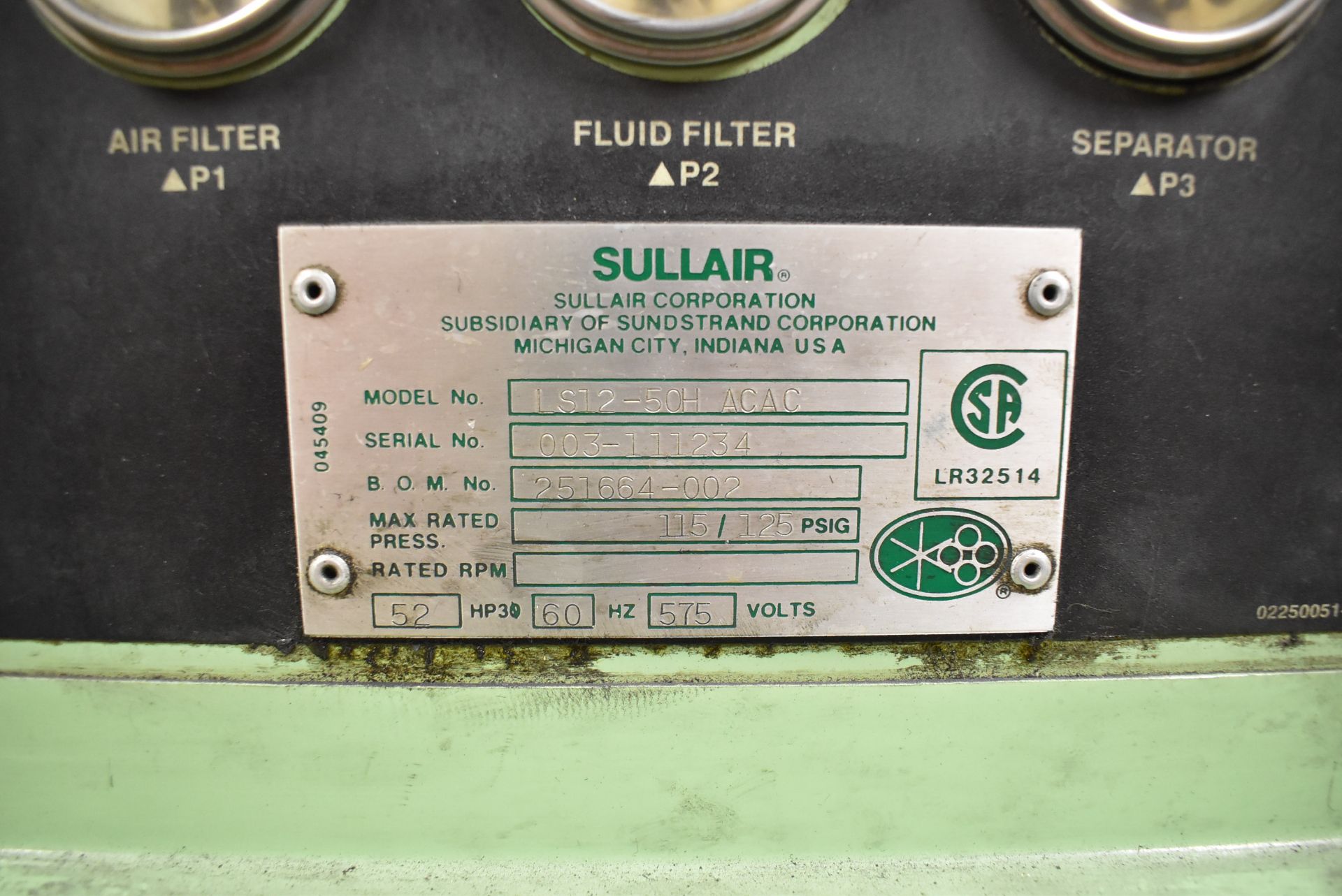 SULLAIR LS12-50H ACAC 52 HP AIR COMPRESSOR WITH 115/125 PSIG MAX AIR ...