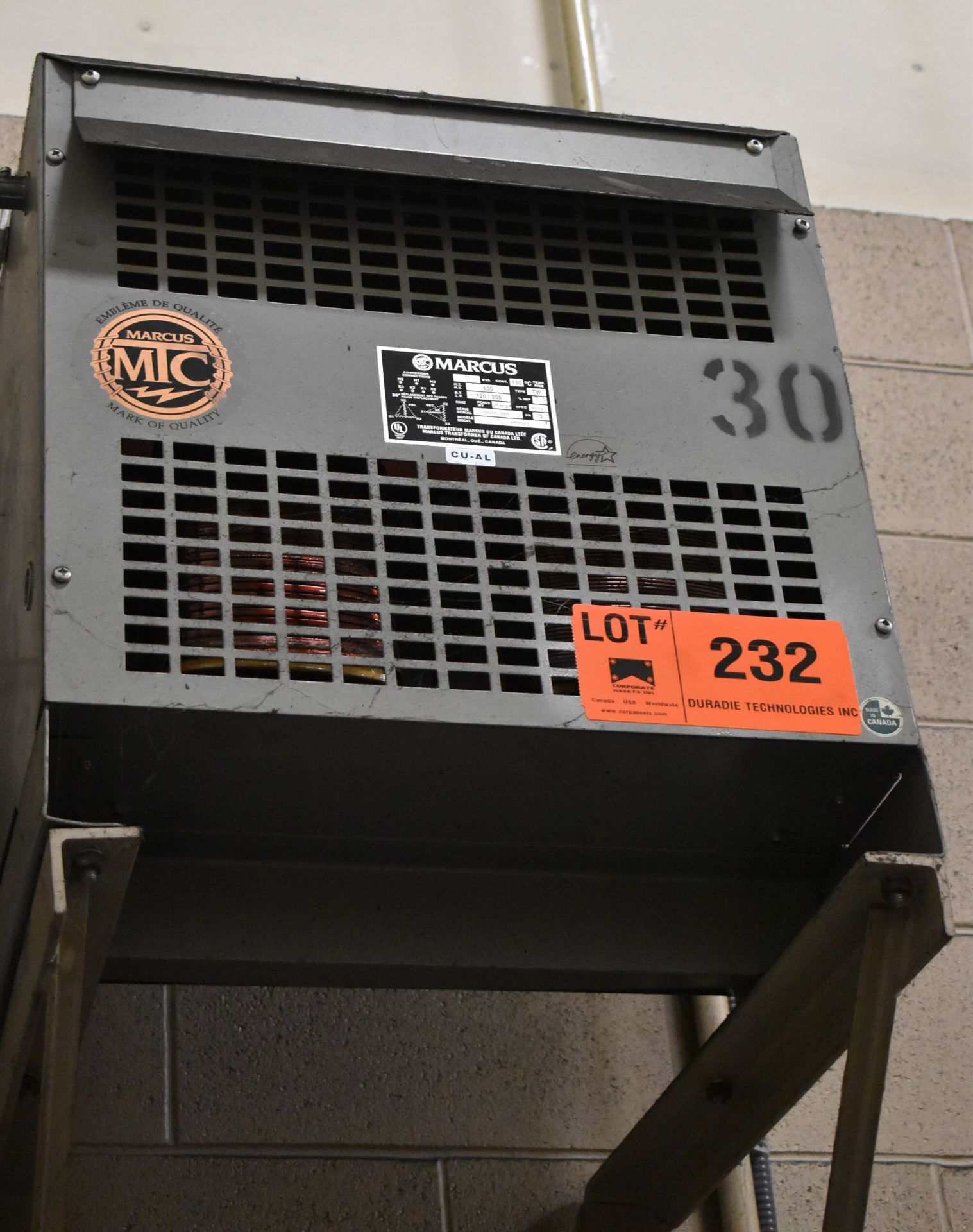 MARCUS 30 KVA TRANSFORMER WITH 600HV/120LV/3PH/60HZ (CI) [RIGGING FEE FOR LOT #232 - $50 CAD PLUS