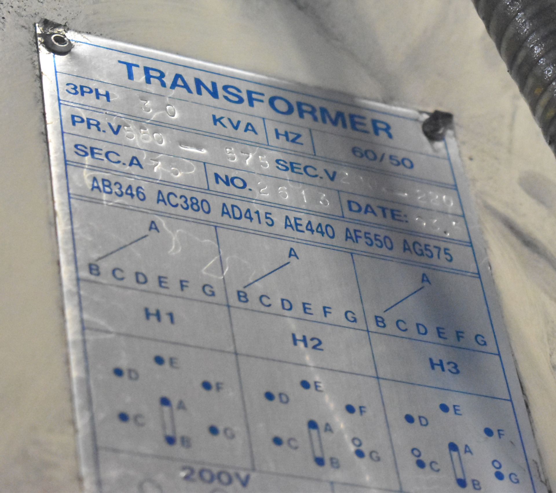 30 KVA TRANSFORMER WITH 575HV/220LV/3PH/60HZ (CI) [RIGGING FEE FOR LOT #97 - $50 CAD PLUS APPLICABLE - Image 2 of 2