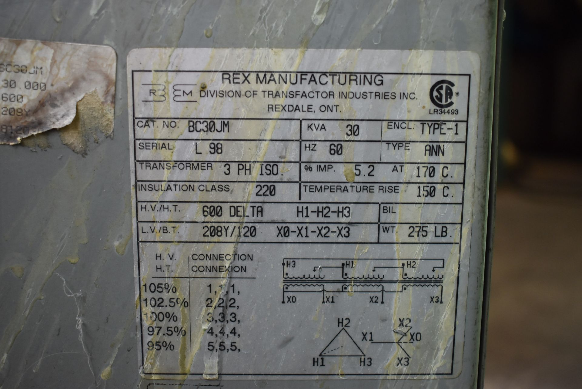 REX 30 KVA TRANSFORMER WITH 600HV/120LV/3PH/60HZ (CI) [RIGGING FEE FOR LOT #230 - $50 CAD PLUS - Image 2 of 2