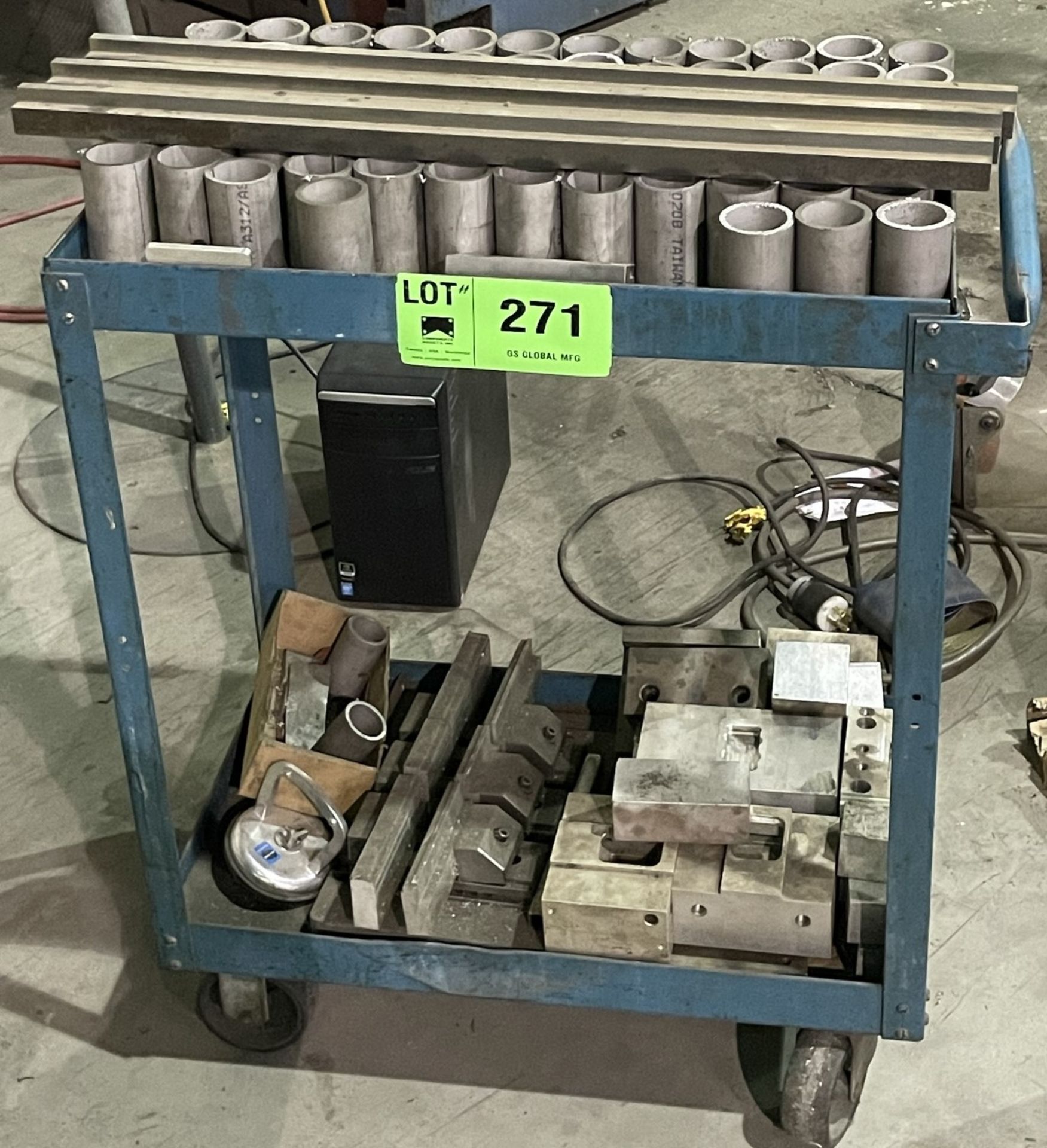 LOT/ ROLLING SHOP CART WITH CONTENTS CONSISTING OF TUBE STOCK CUT OFFS AND FIXTURES