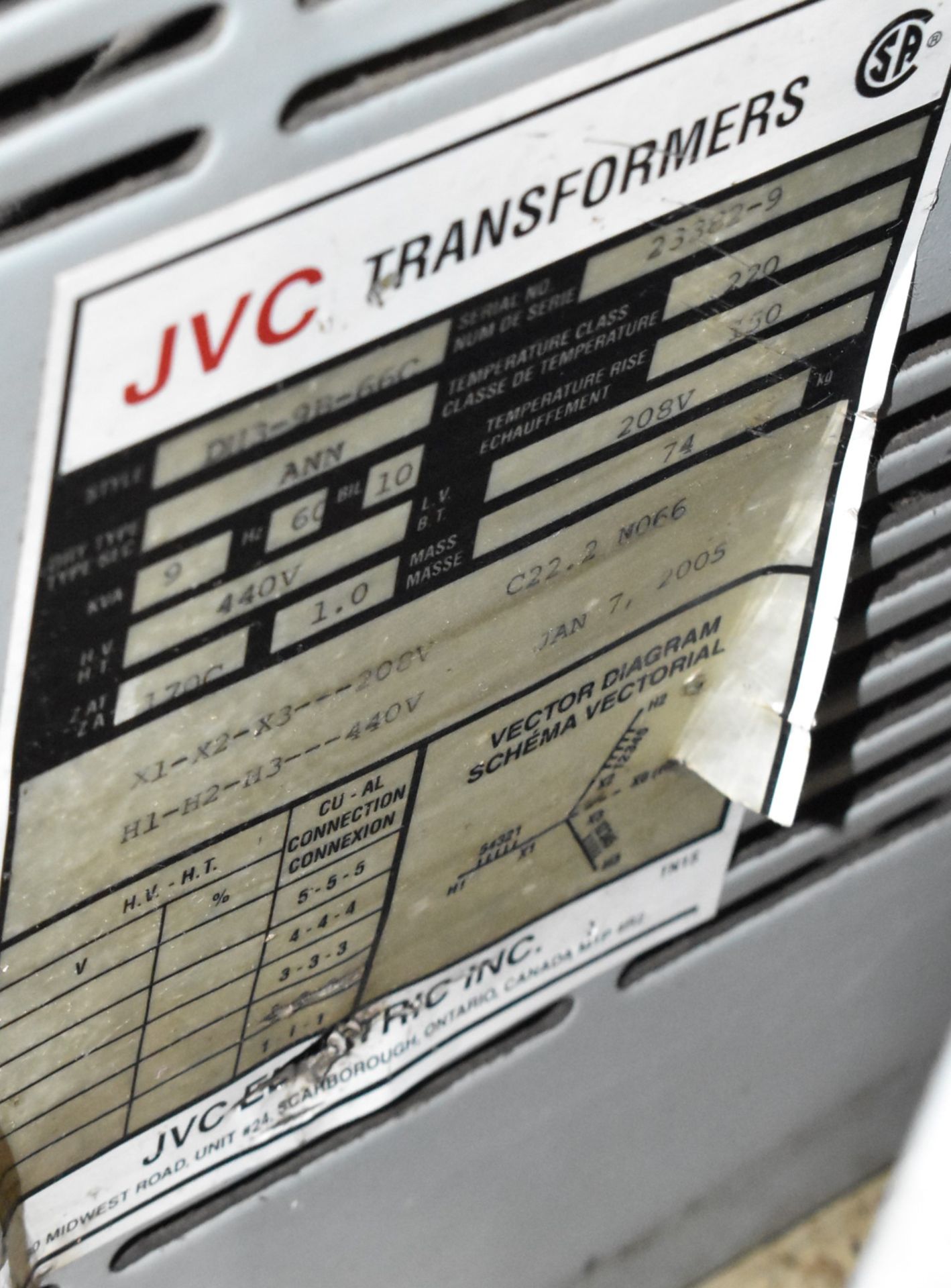 JVC 9 KVA TRANSFORMER, 440-208V/3PH/60HZ, S/N 23382-9 (CI) [RIGGING FEE FOR LOT #11 - $50 CAD PLUS - Image 2 of 2