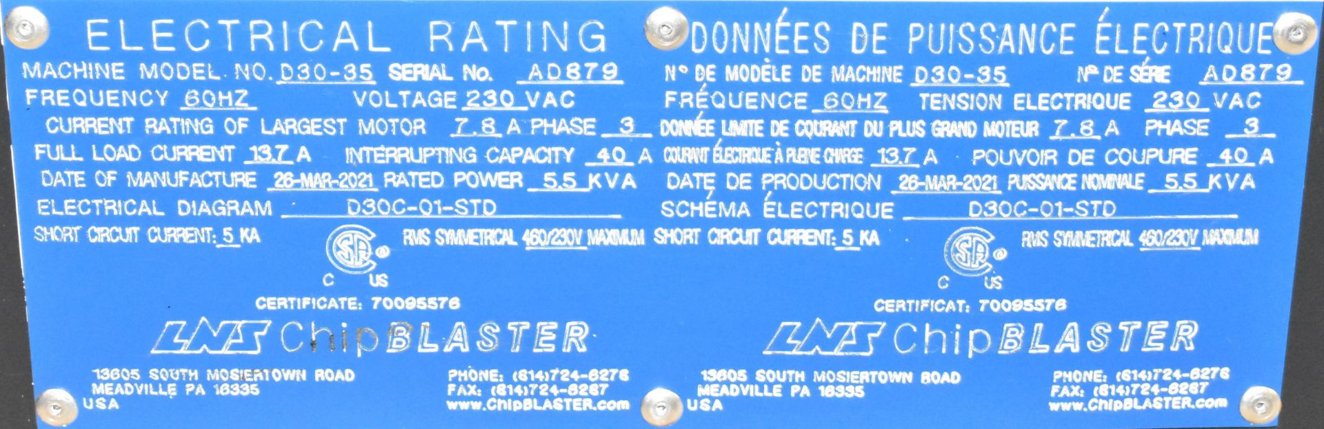 LNS (2021) CHIPBLASTER D30-35 CHIP BLASTER, S/N AD879 (CI) [RIGGING FEE FOR LOT #19 - $250 CAD - Image 3 of 4