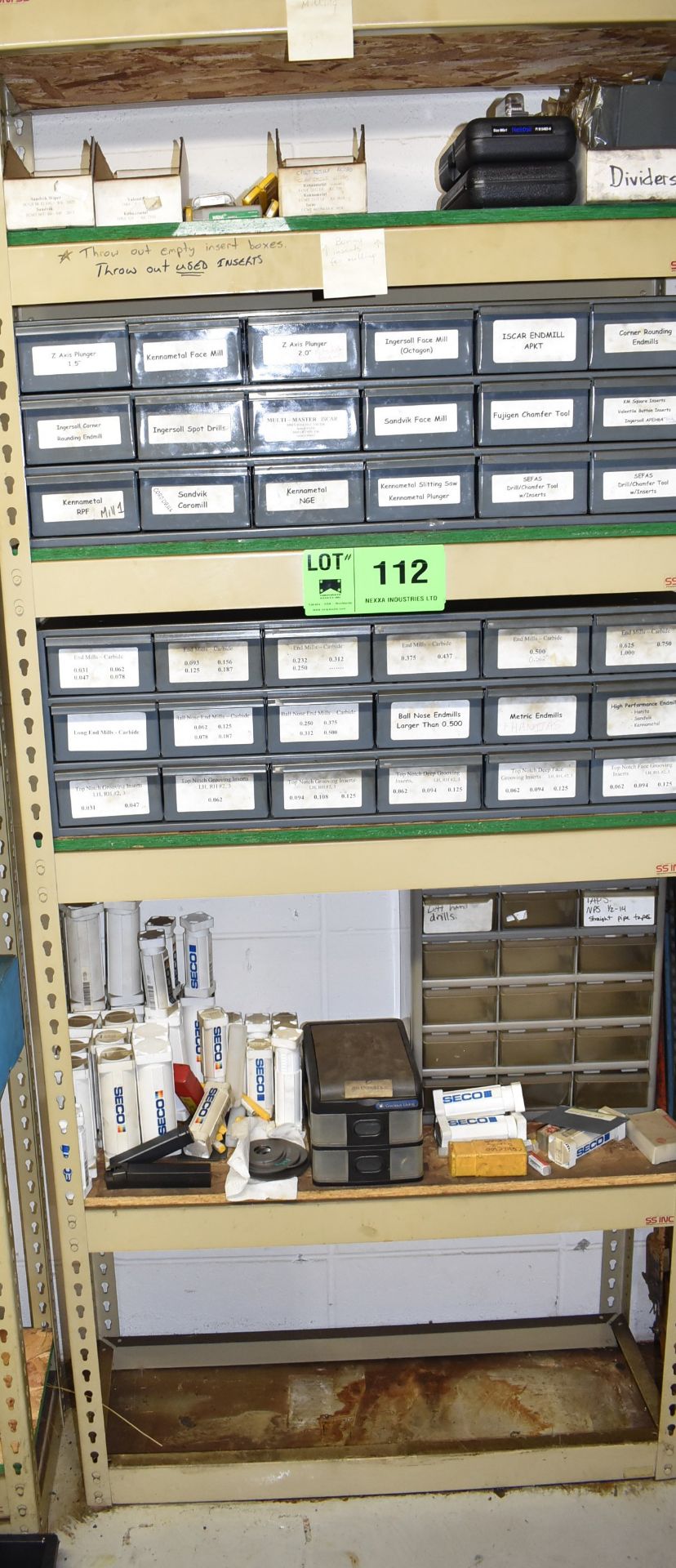 LOT/ (1) SHELVING SECTION WITH CONTENTS CONSISTING OF CARBIDE INSERTS AND CUTTING TOOLS [RIGGING FEE