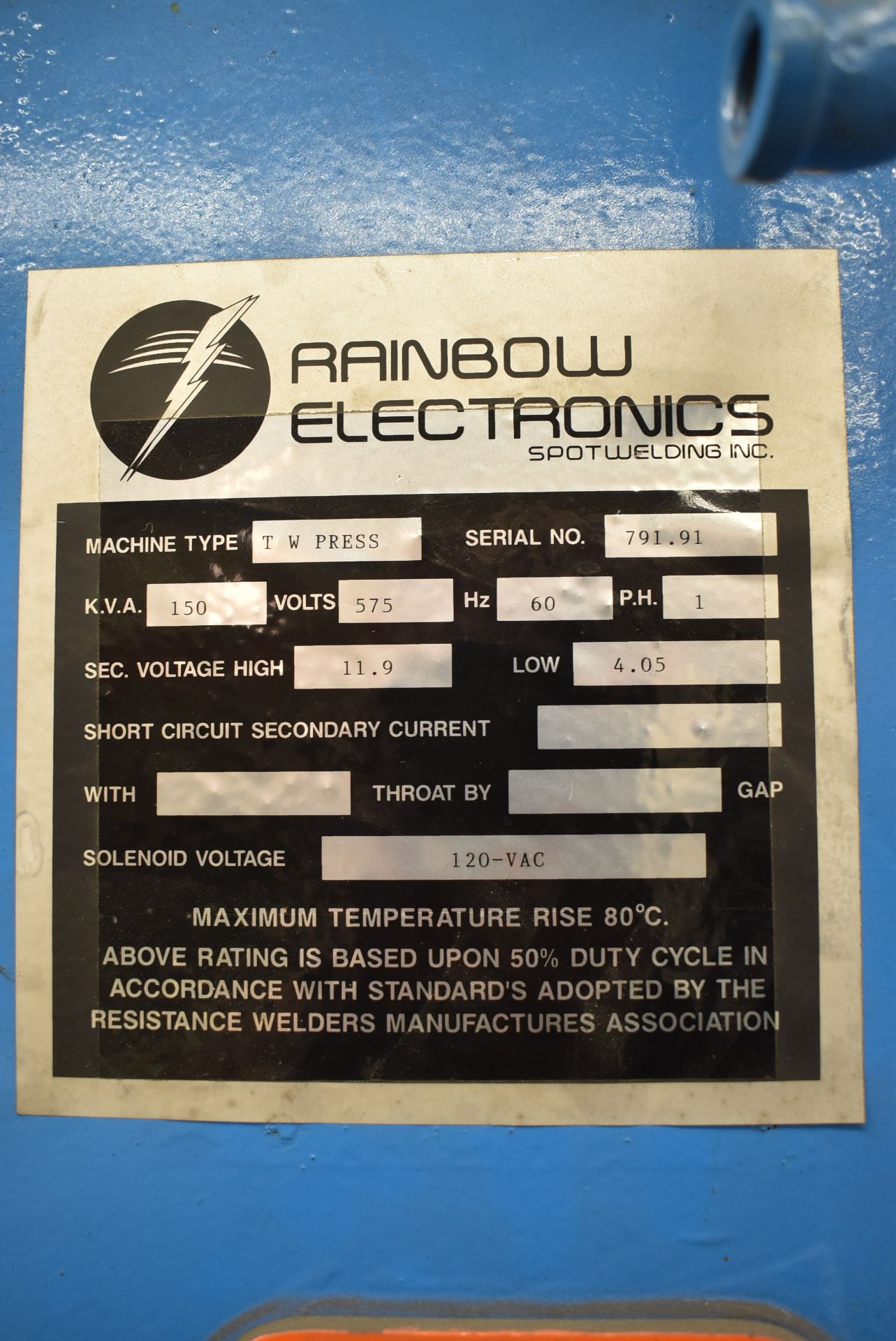 RAINBOW ELECTRONICS TW PRESS 150 KVA SPOT WELDER WITH 26" THROAT, MEDAR DIGITAL CONTROL, FOOT PEDAL, - Image 6 of 7