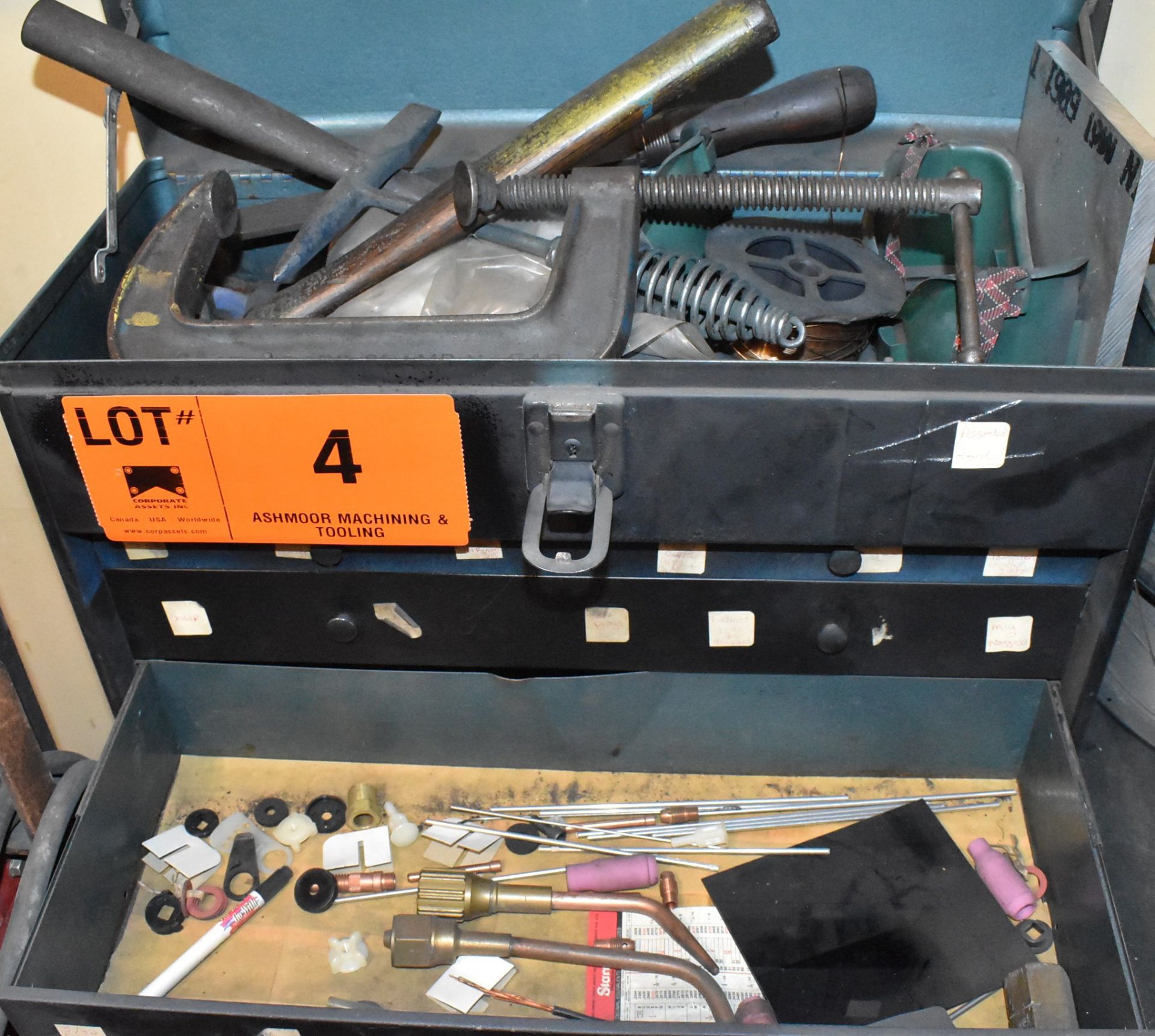 LOT/ WELDING SUPPLIES WITH TOOLBOX & WELDING MASKS - Image 4 of 4