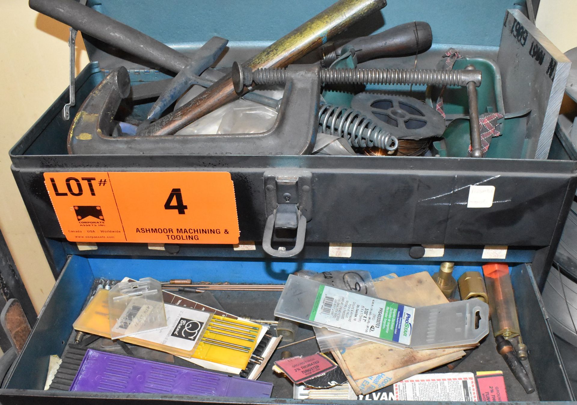 LOT/ WELDING SUPPLIES WITH TOOLBOX & WELDING MASKS - Image 3 of 4