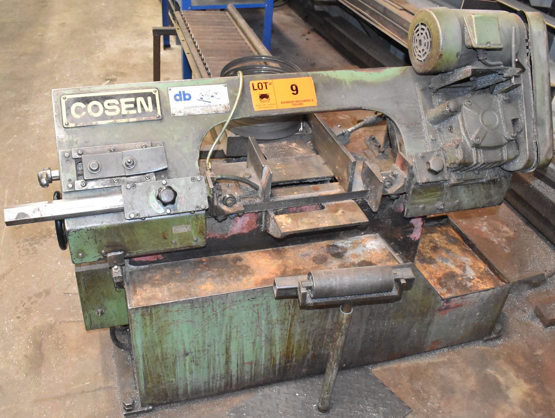 COSEN MHV180 9" X 8" CAPACITY HORIZONTAL BAND SAW WITH MANUAL VISE, 59" X 11" IN-FEED ROLLER